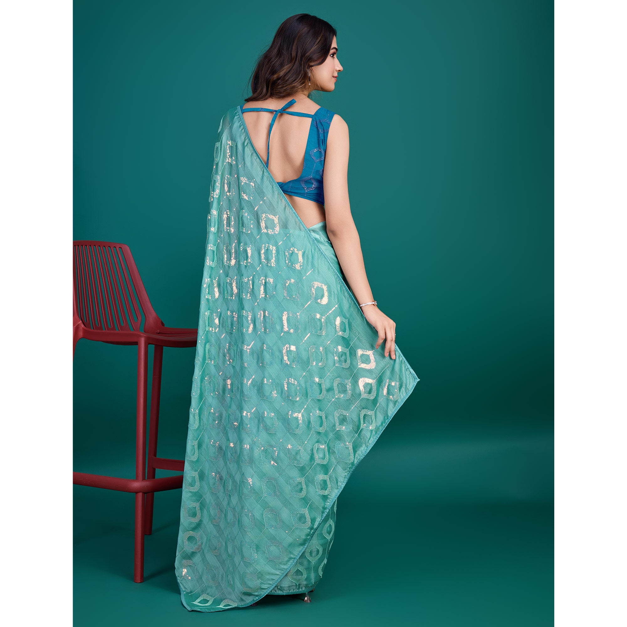 Turquoise Sequin Embroidered Georgette Saree