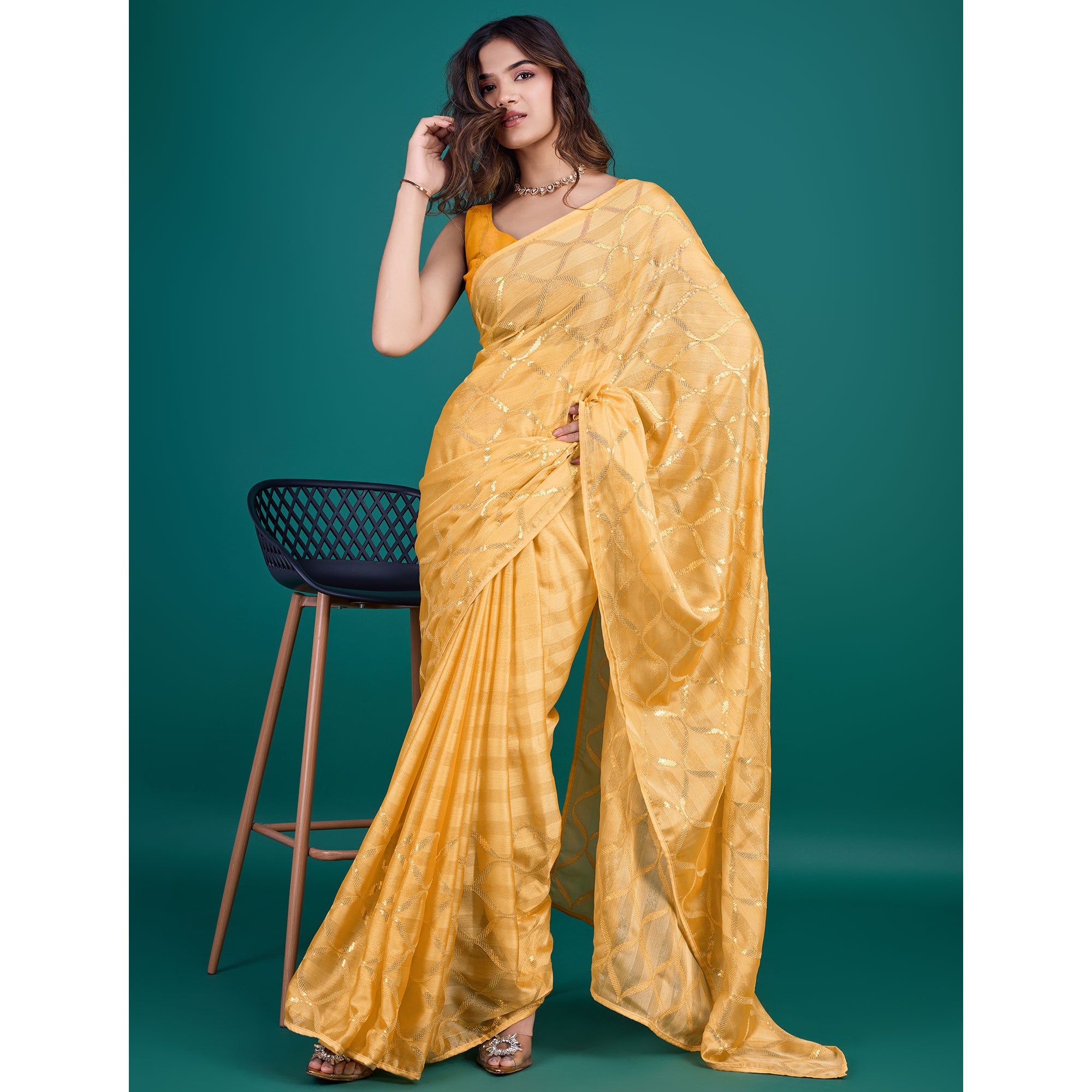 Yellow Sequins Embroidered Georgette Saree