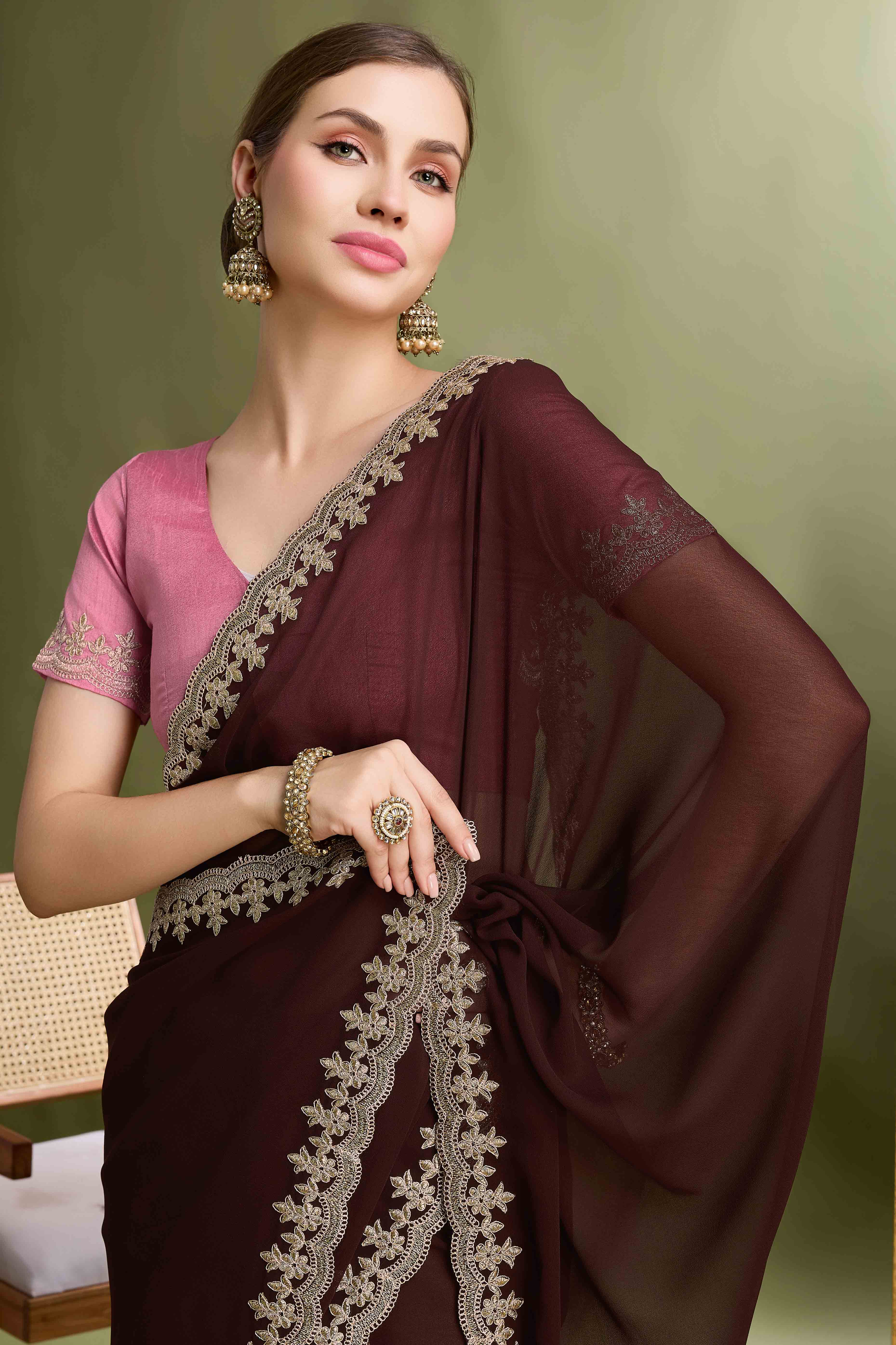 Brown Solid With Zari Embroidered Georgette Saree