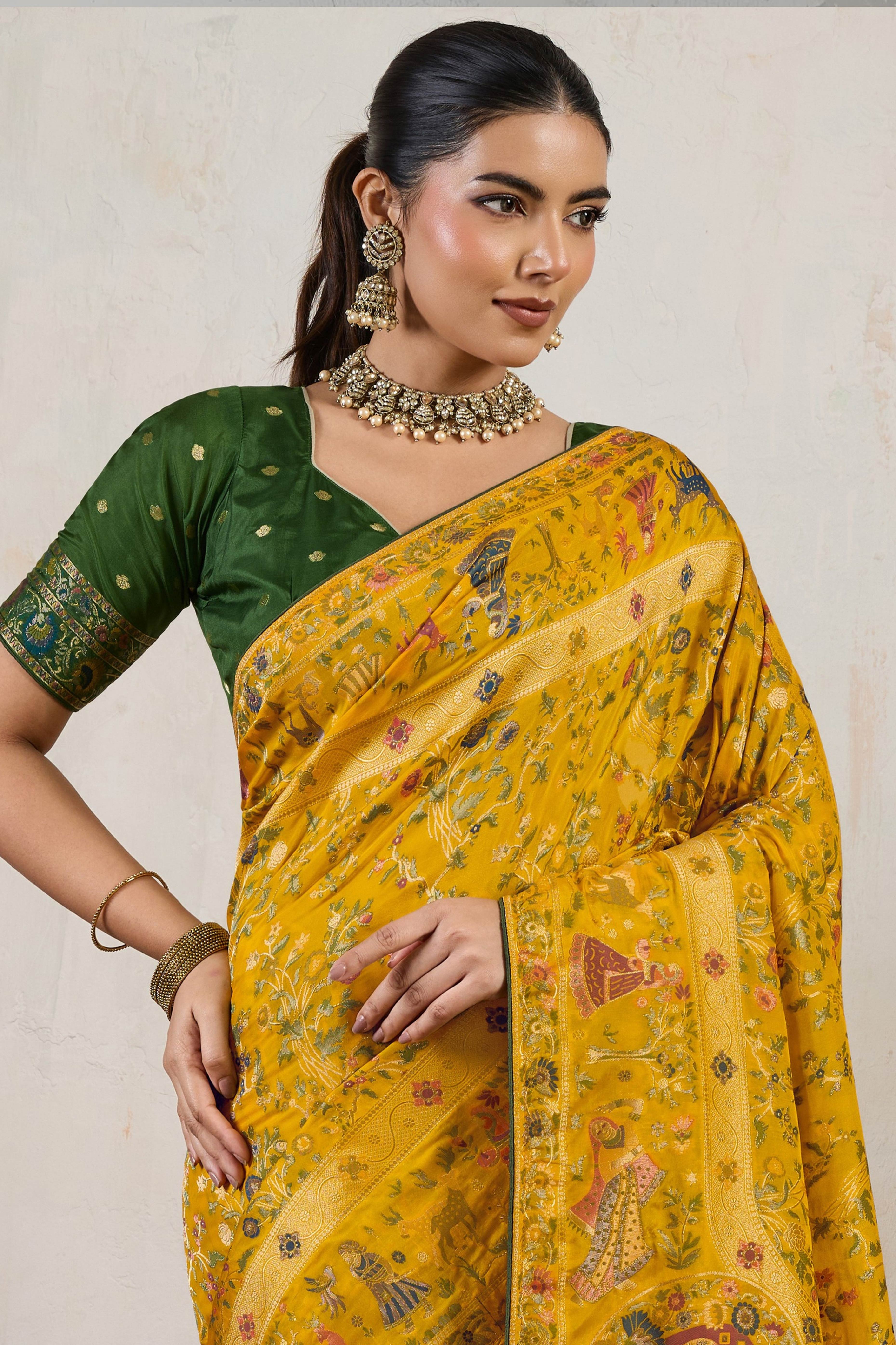 Mustard Traditional Pure Silk Saree Highlighted with Luxurious Meenakari Zari Weaving Accents