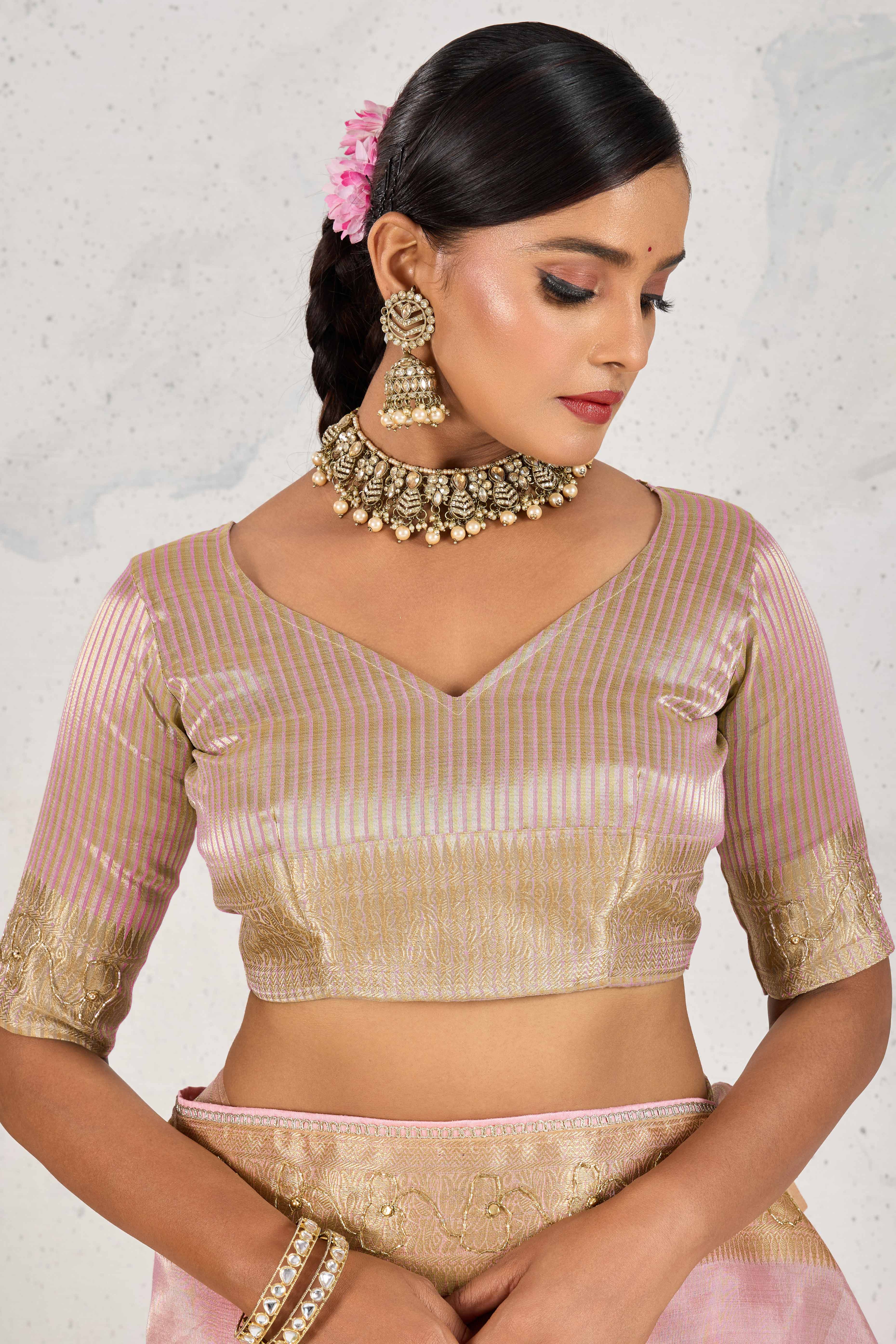 Pink Tissue Linen Saree Adorned With Intricate Zardosi & Pearl Cutdana Hand Embroidery