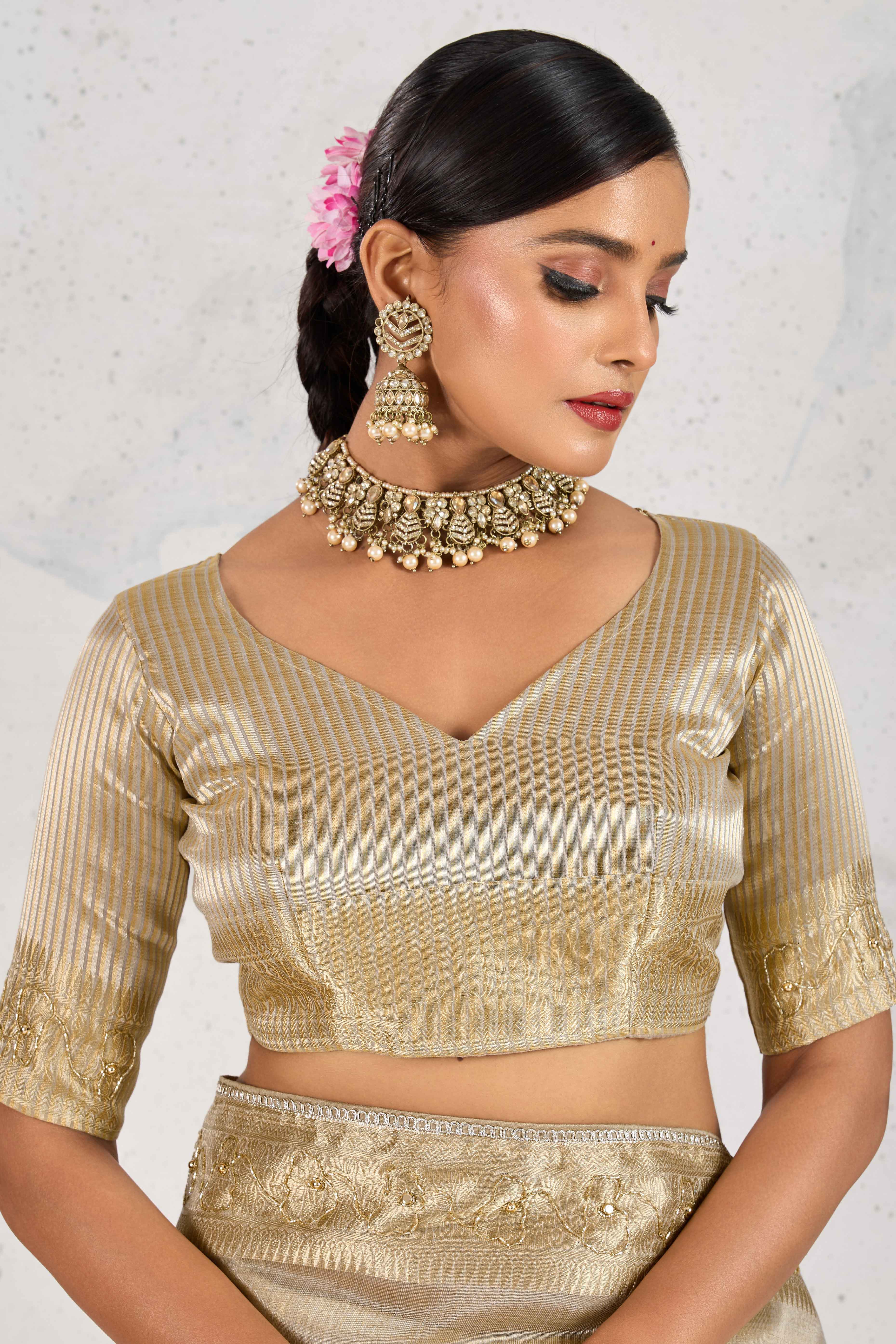 Grey Tissue Linen Saree Adorned With Intricate Zardosi & Pearl Cutdana Hand Embroidery