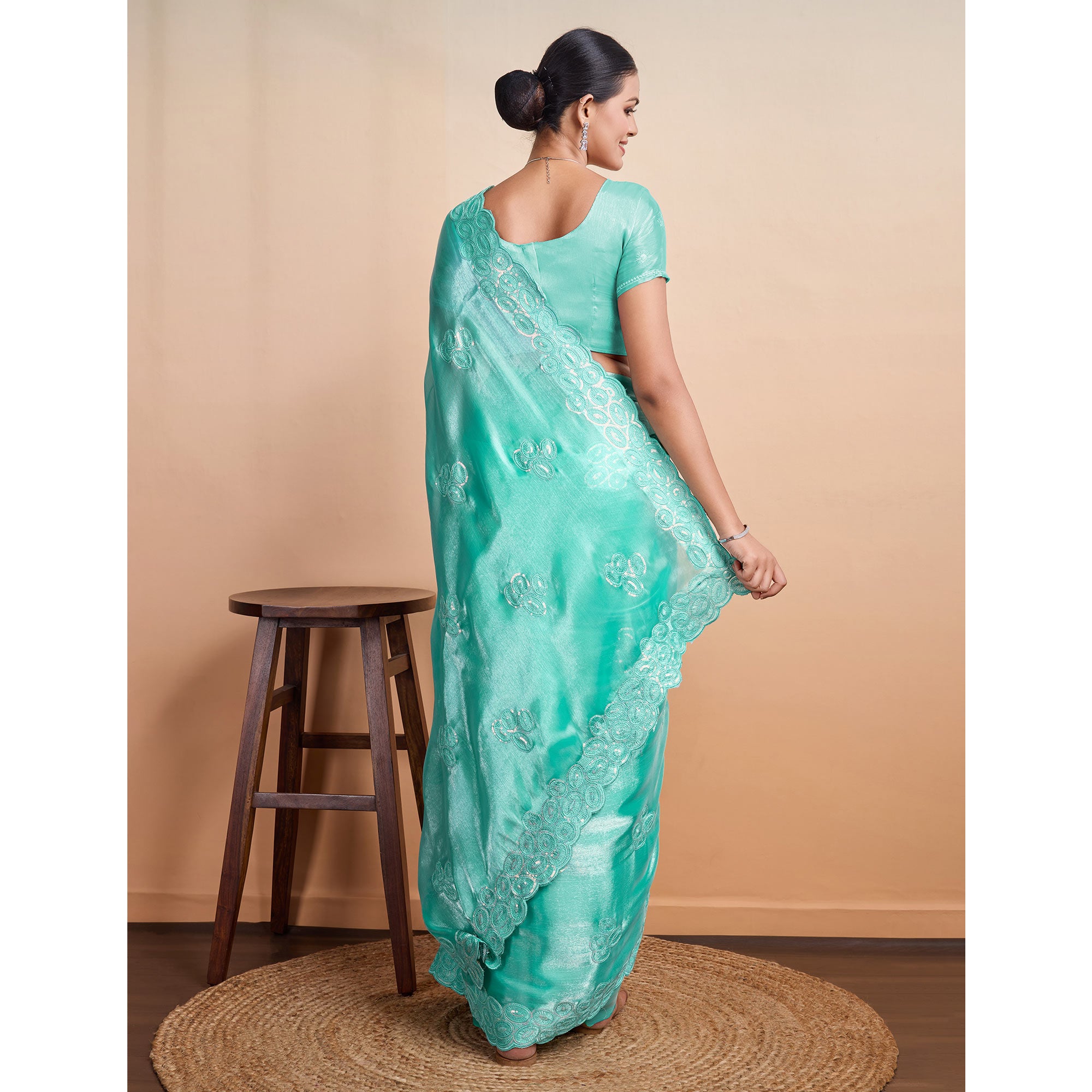 Rama Green Sequins Embroidered Organza Saree