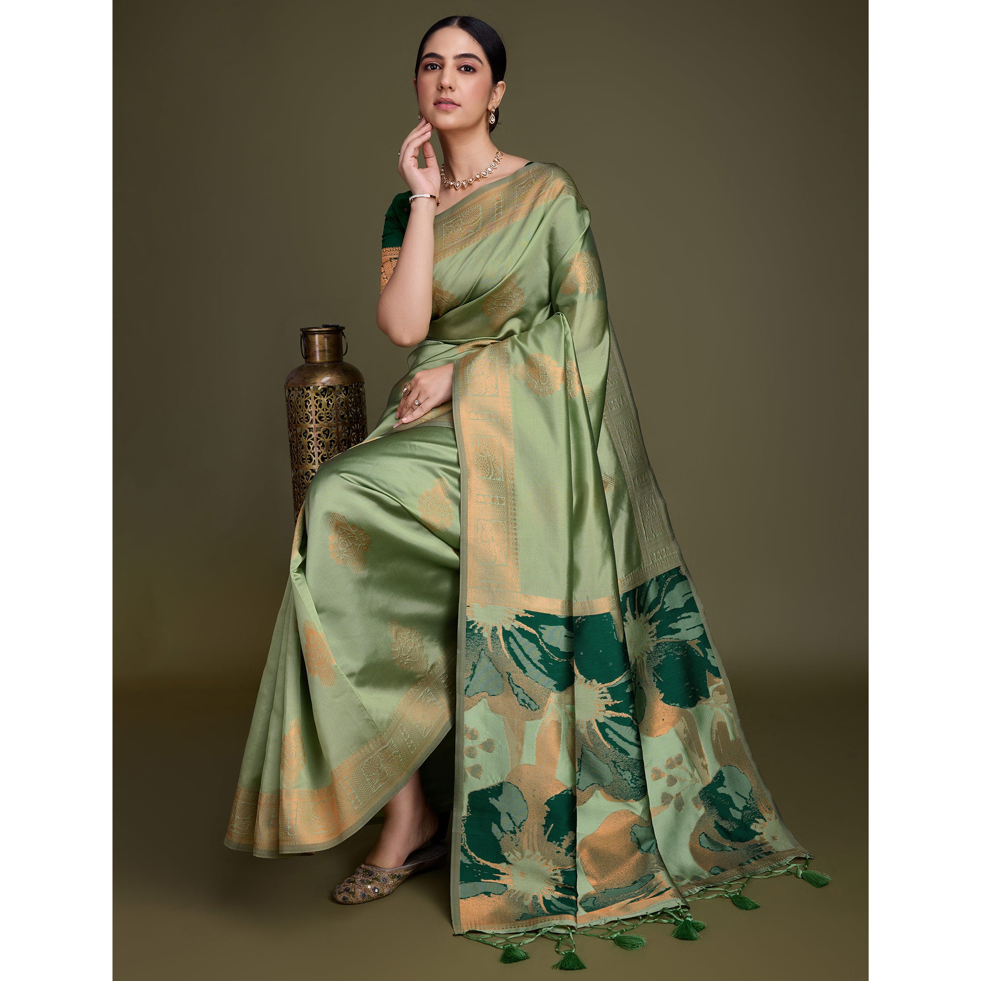 Green Floral Woven Banarasi Silk Saree