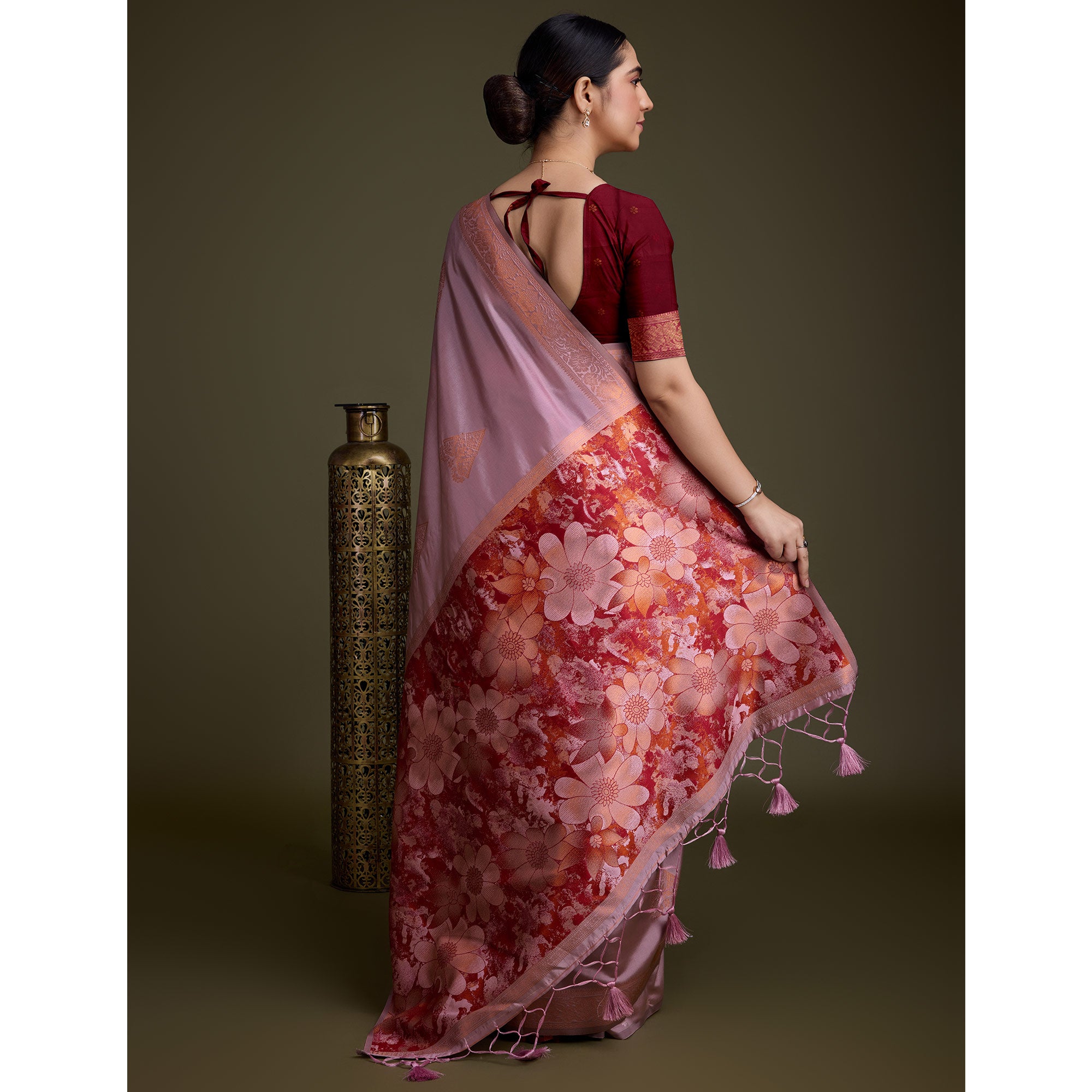 Dusty Pink Floral Woven Banarasi Silk Saree