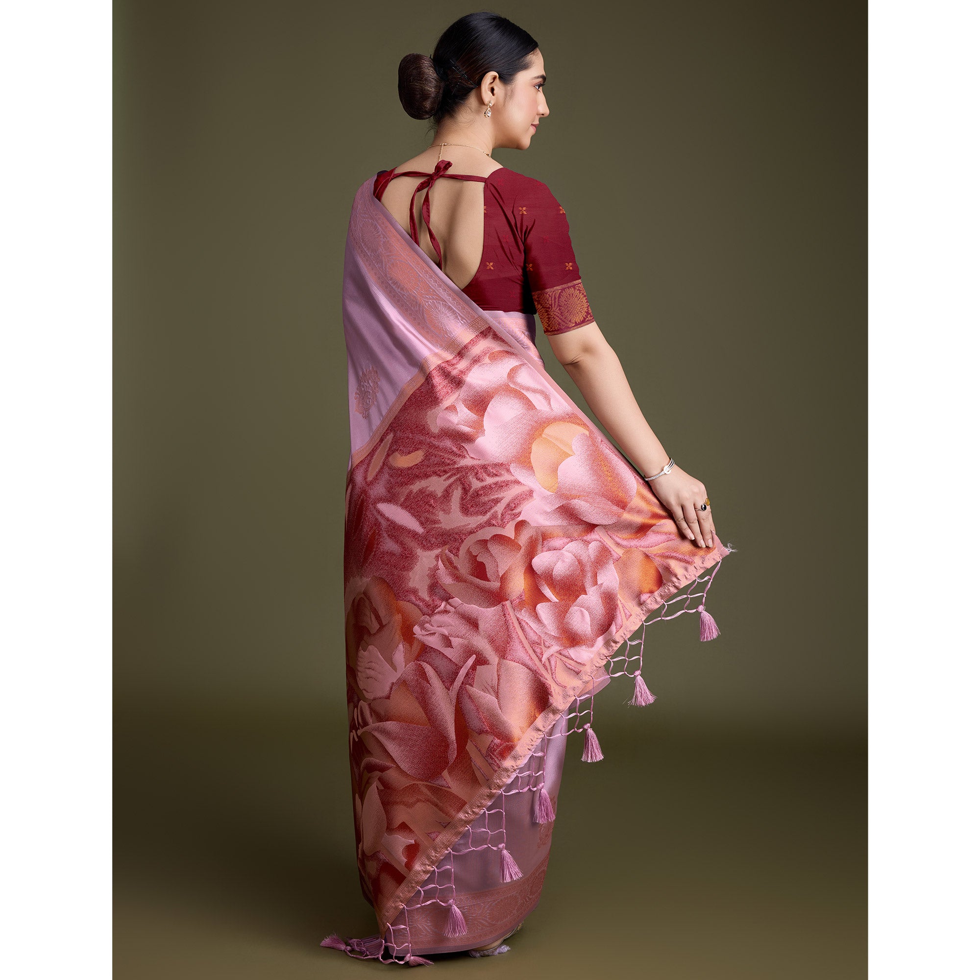 Pink Floral Woven Banarasi Silk Saree