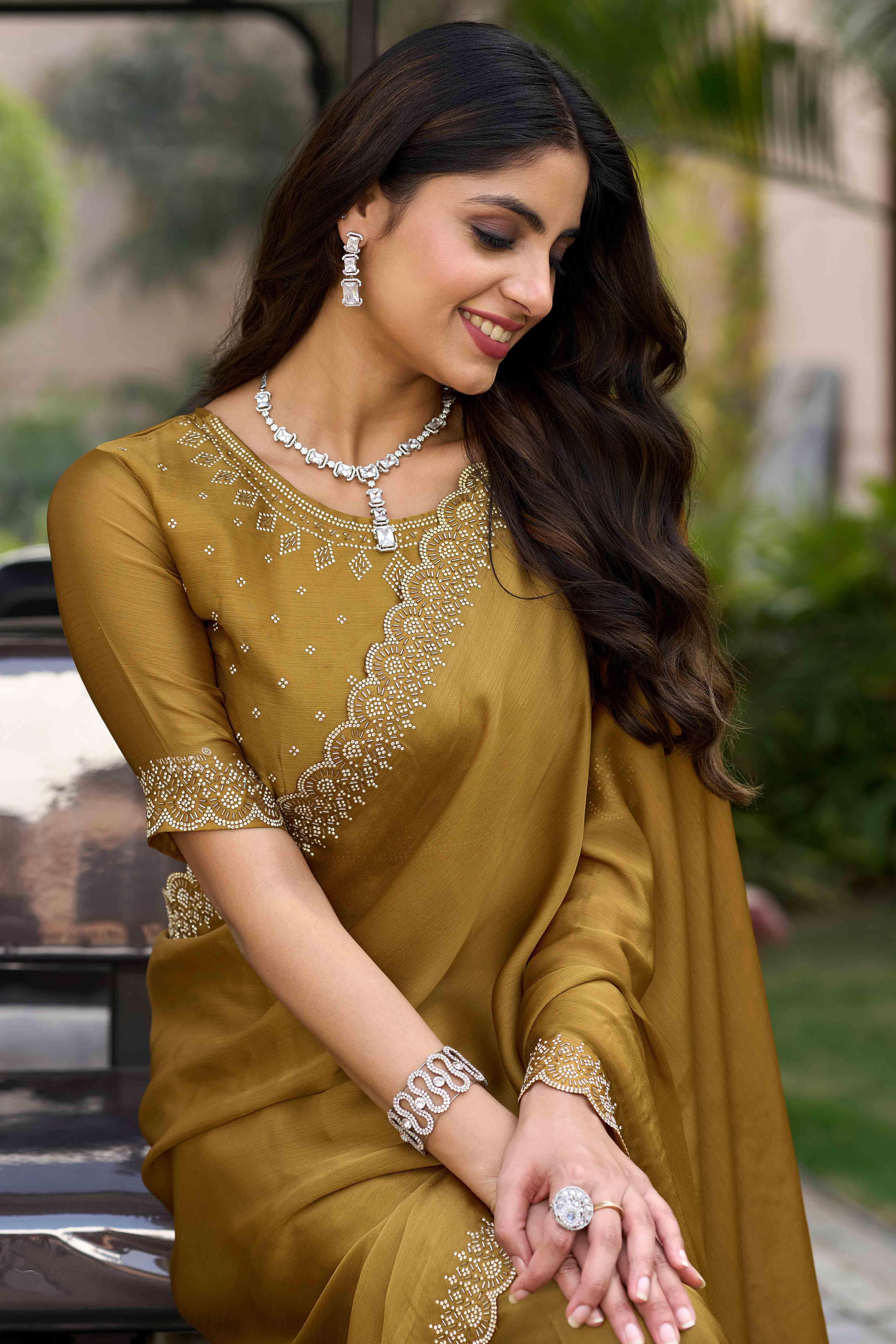 Mustard Solid Satin Chiffon Saree With Cutdana & Zarkan Handwork