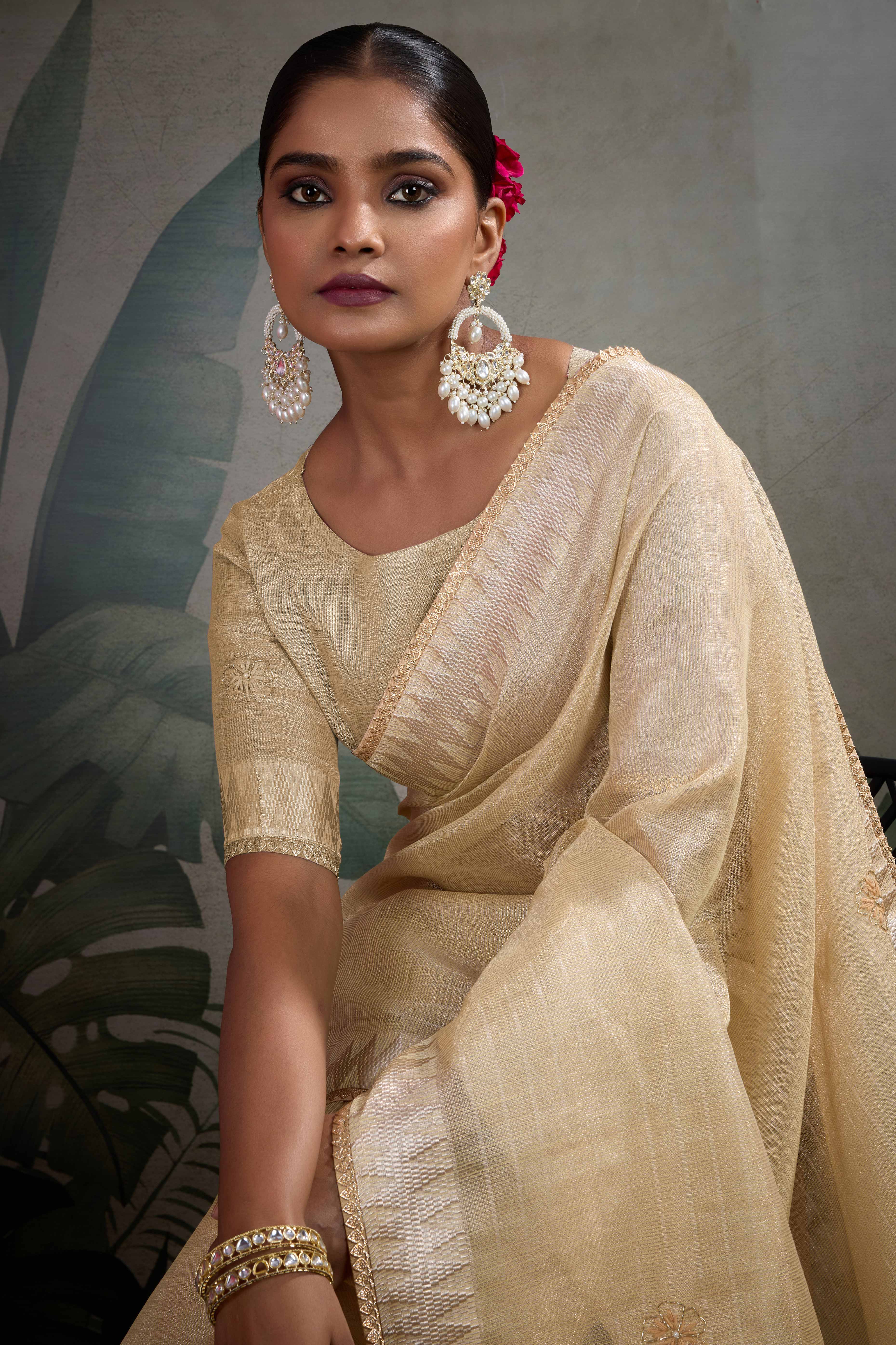 Beige Linen Tissue Saree with Hand Beads Embellishment