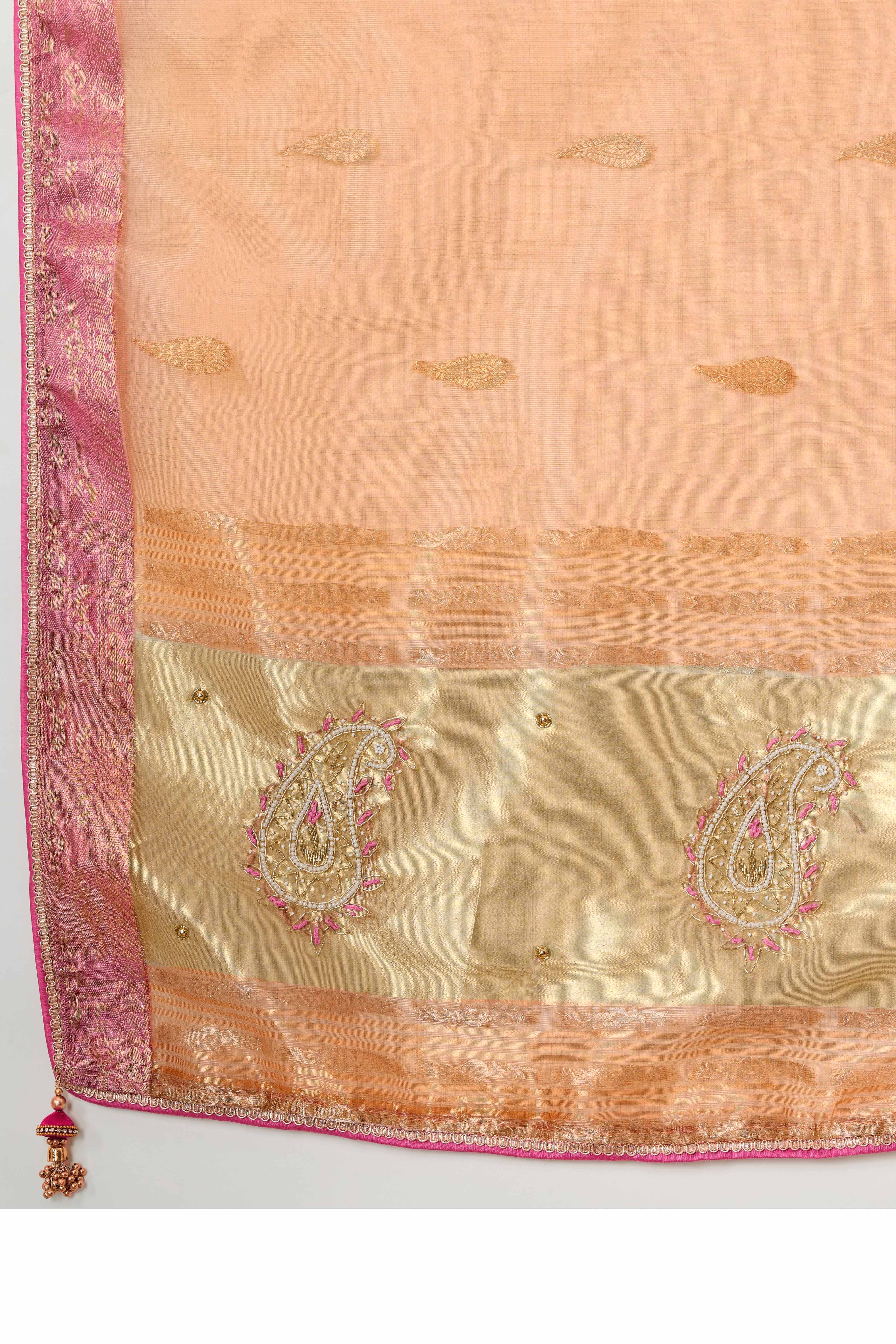 Orange Designer Tissue Linen Woven Saree with Luxe Zari and Beads Work