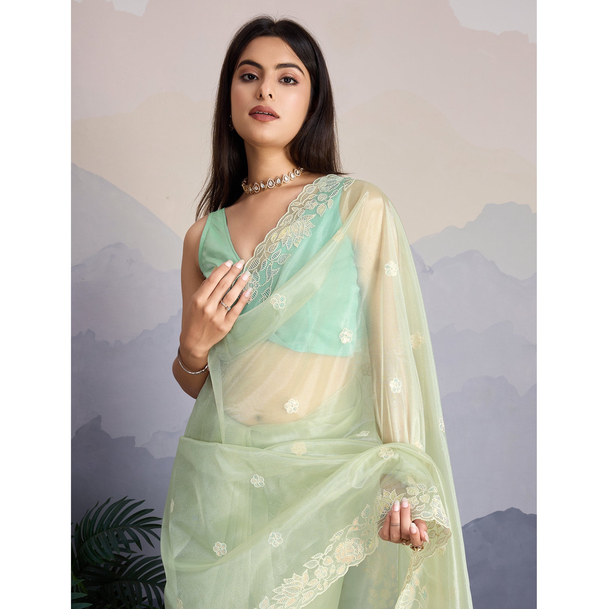 Pista Green Floral Sequins Embroidered Twill Net Saree