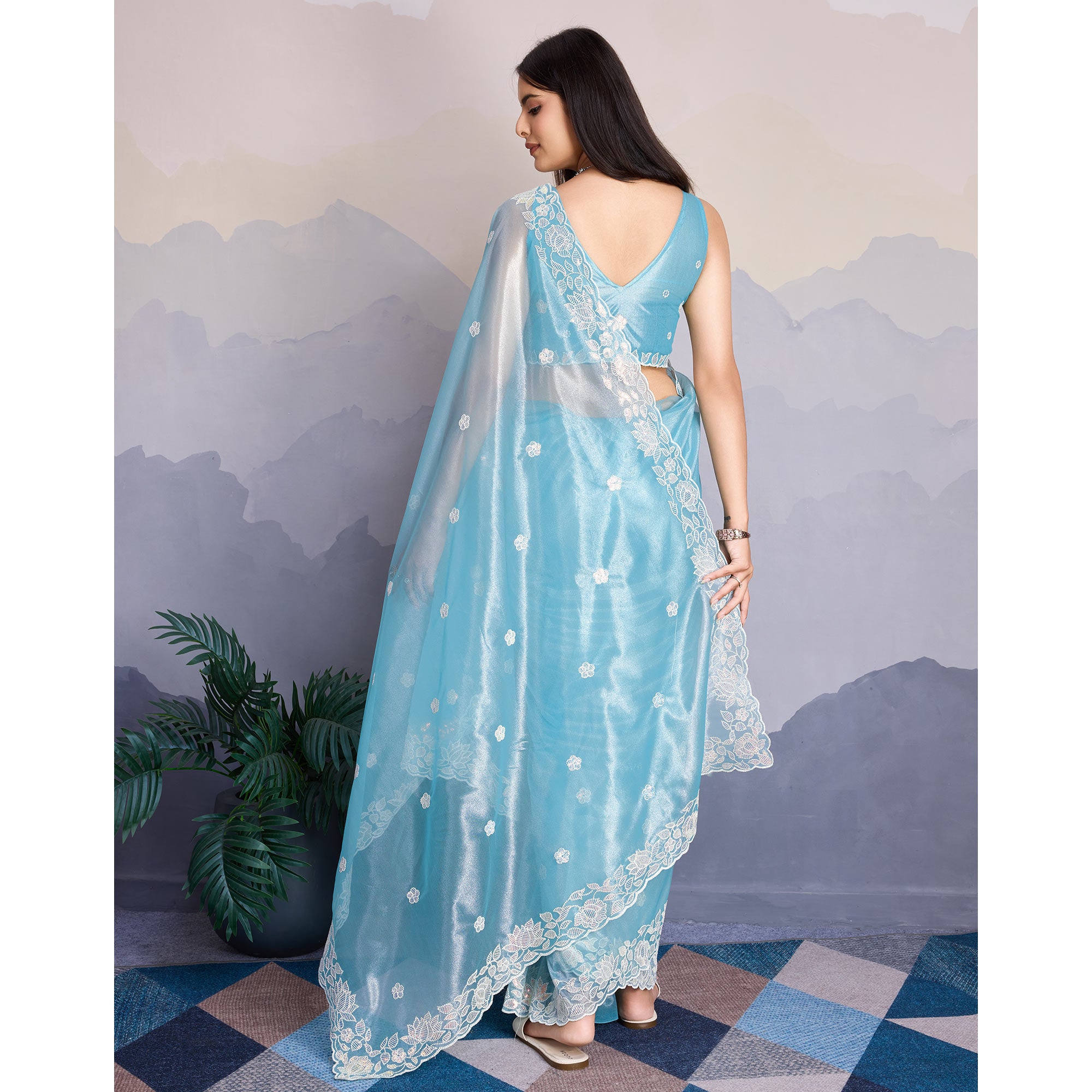 Blue Floral Sequins Embroidered Twill Net Saree