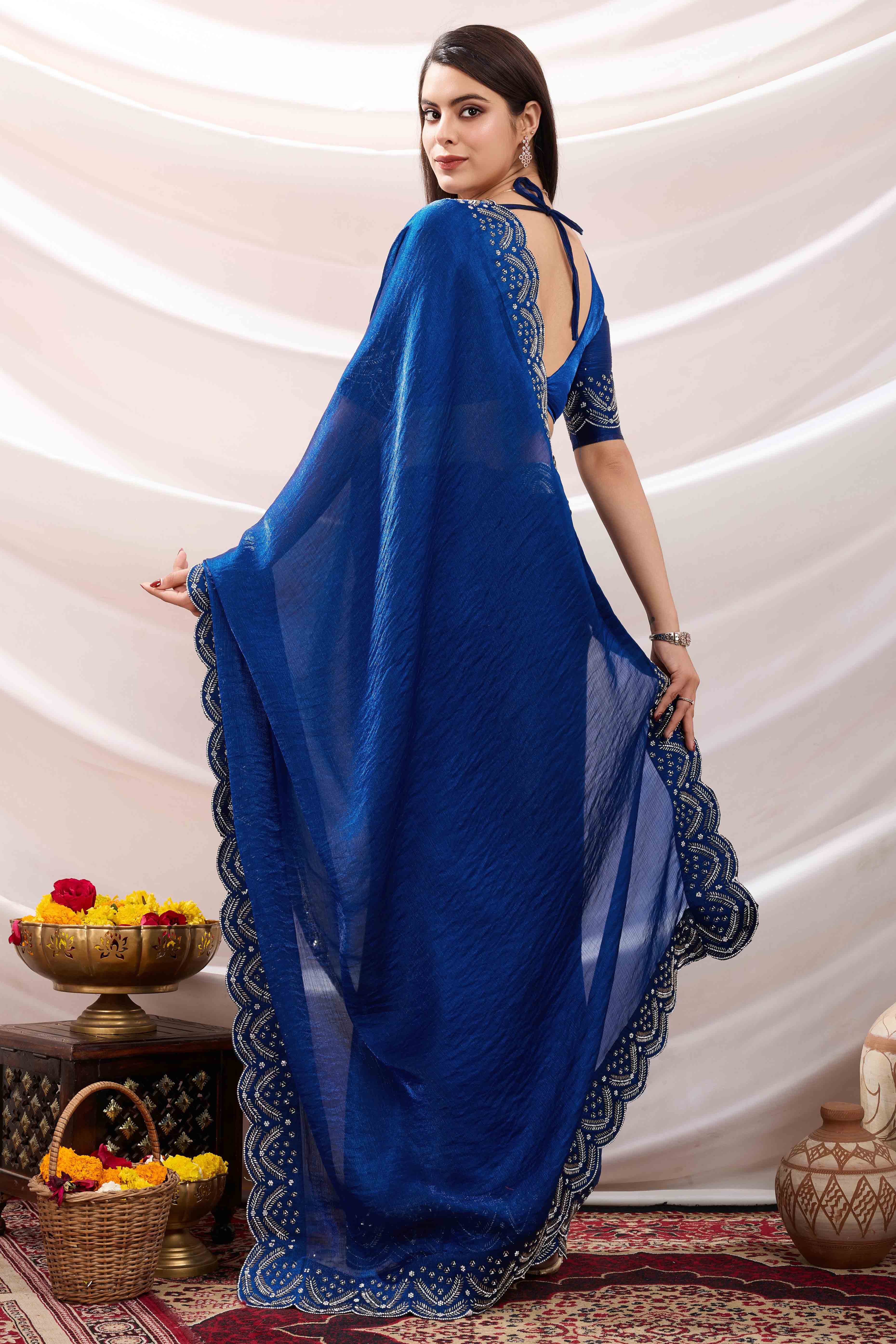 Blue Stone Work Embroidered Velvet Chiffon Saree