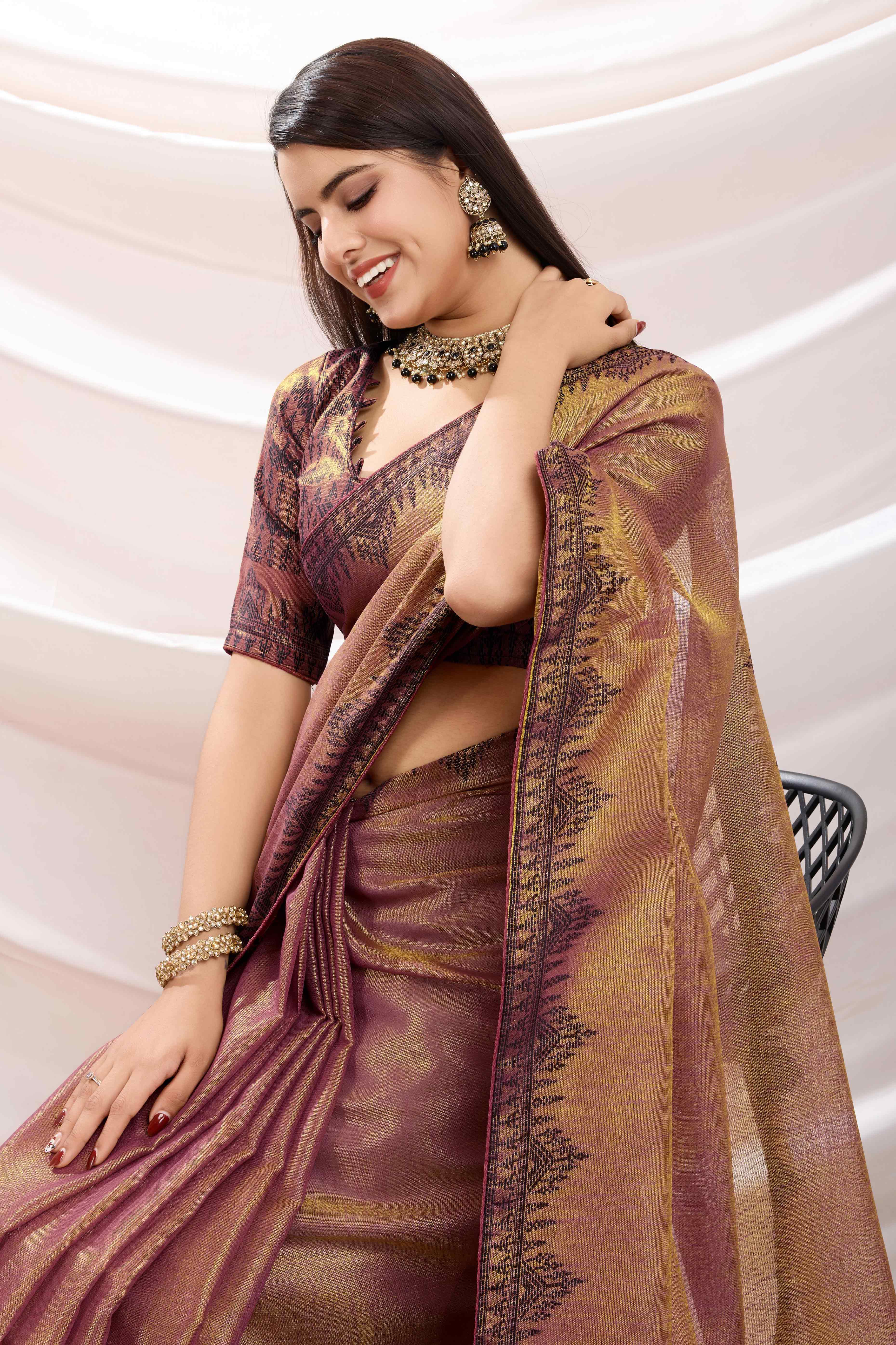 Brownish Maroon Festive Linen Tissue Saree with Zari Borders