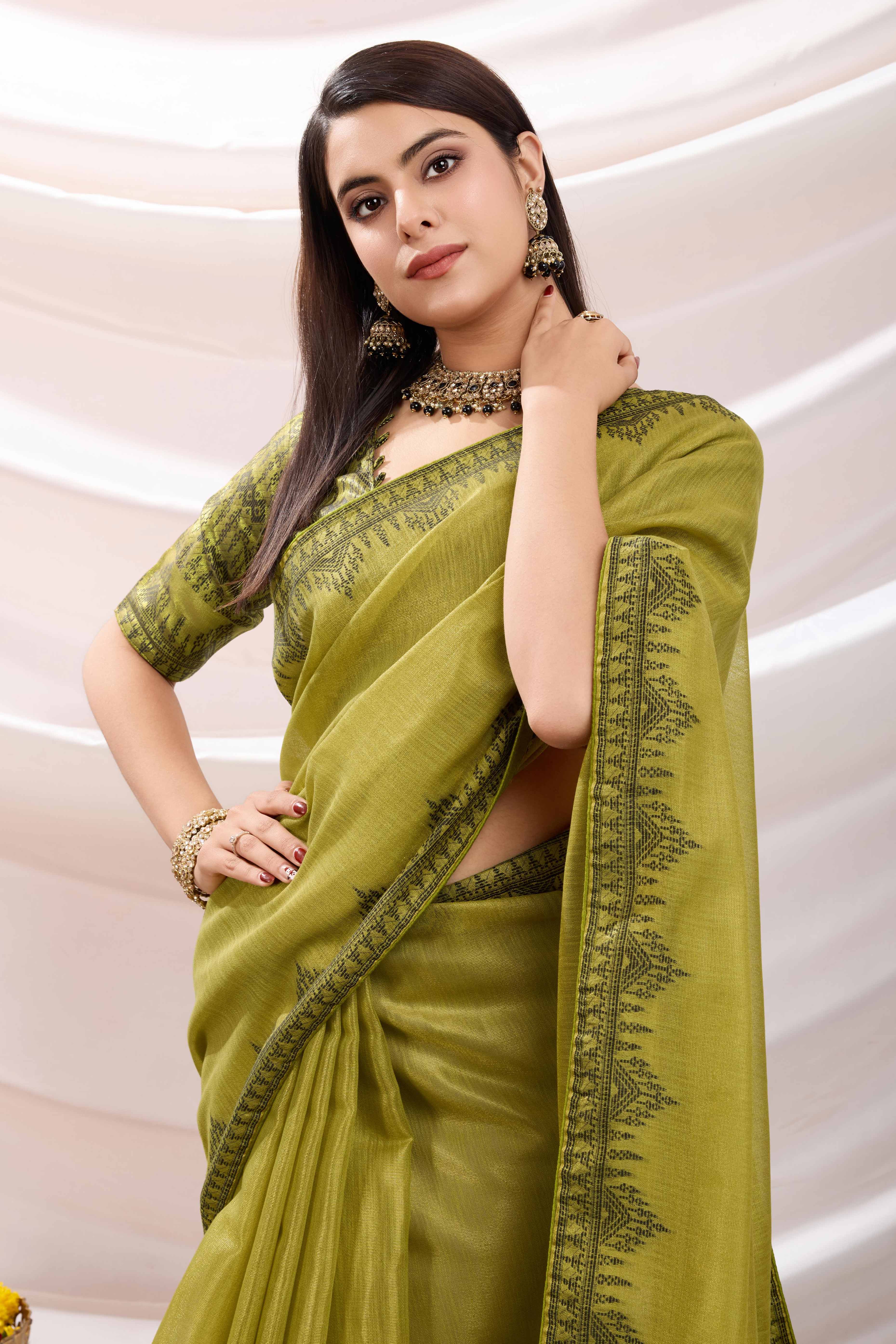 Green Festive Linen Tissue Saree with Zari Borders
