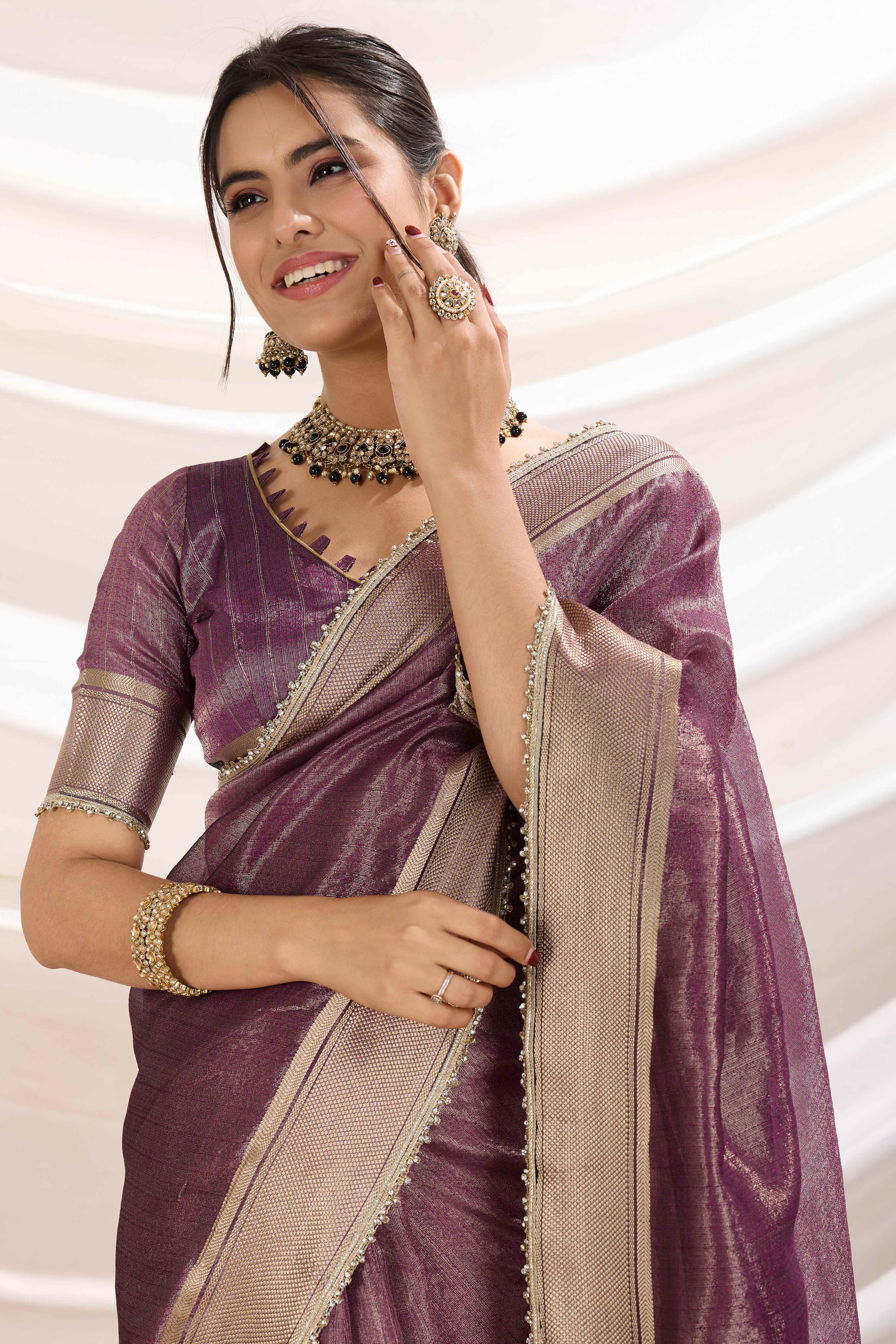 Purple Solid Linen Tissue Saree With Weaving & Zarkan Lace Border