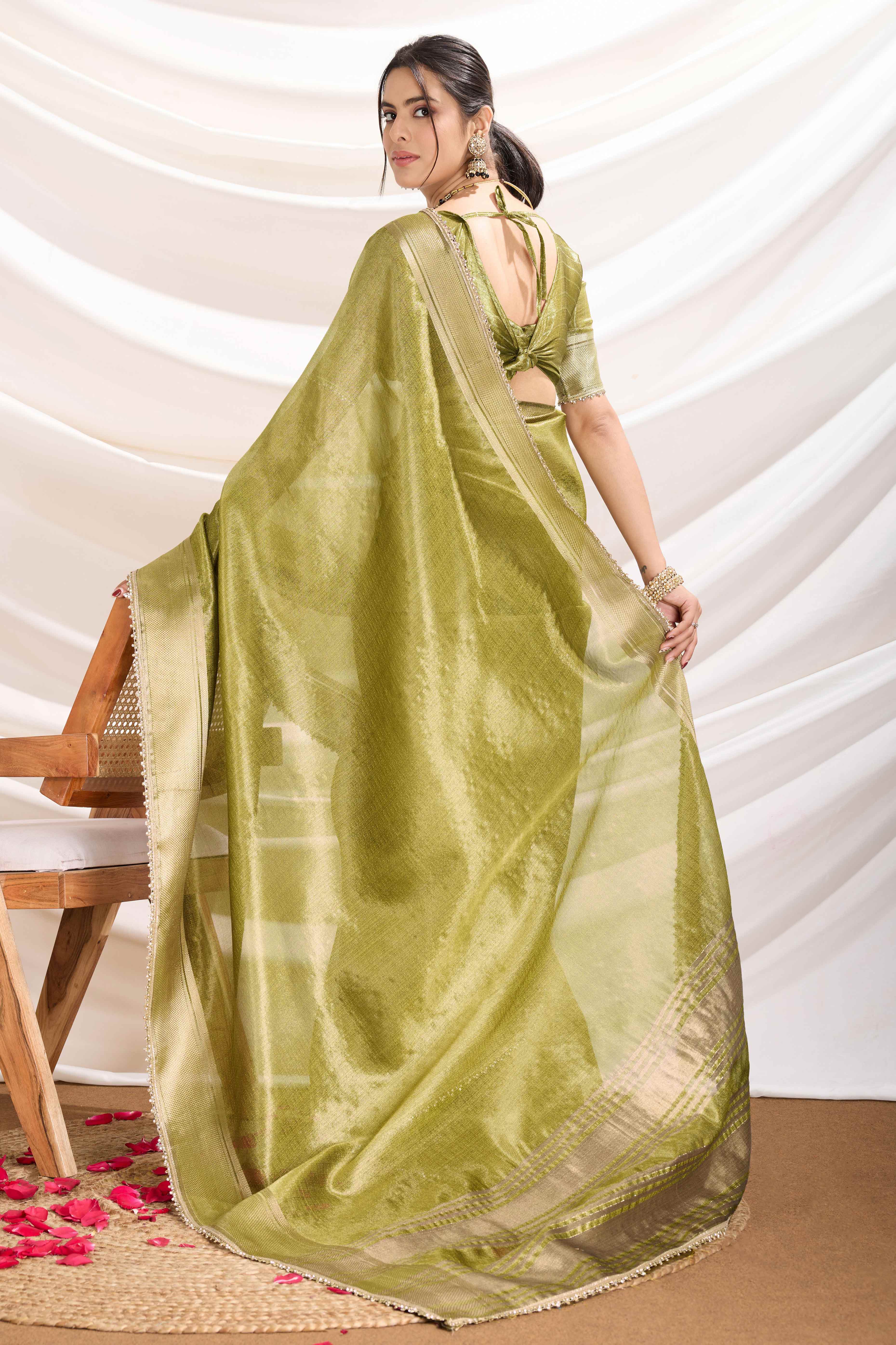 Green Solid Linen Tissue Saree With Weaving & Zarkan Lace Border