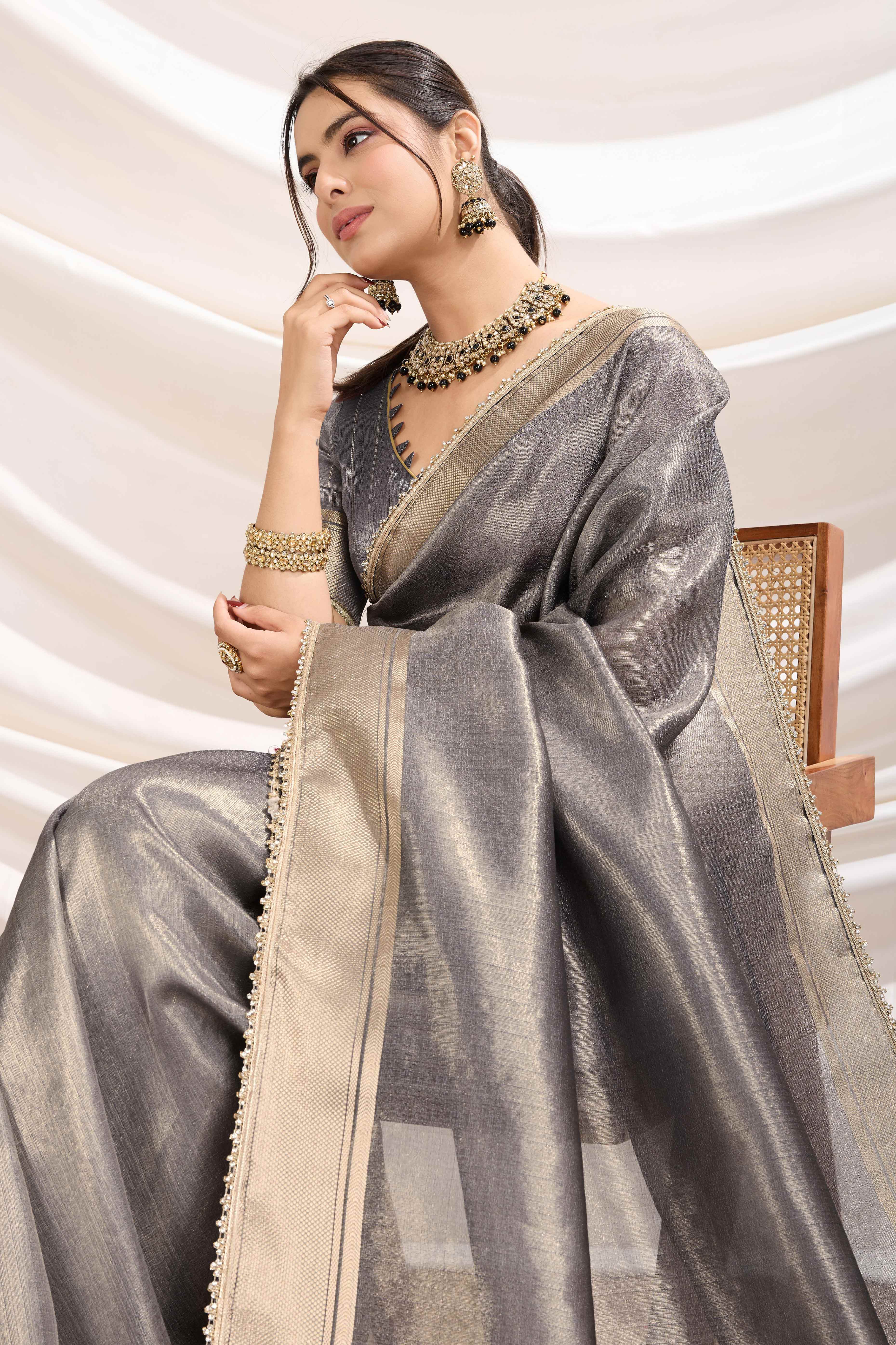 Grey Solid Linen Tissue Saree With Weaving & Zarkan Lace Border
