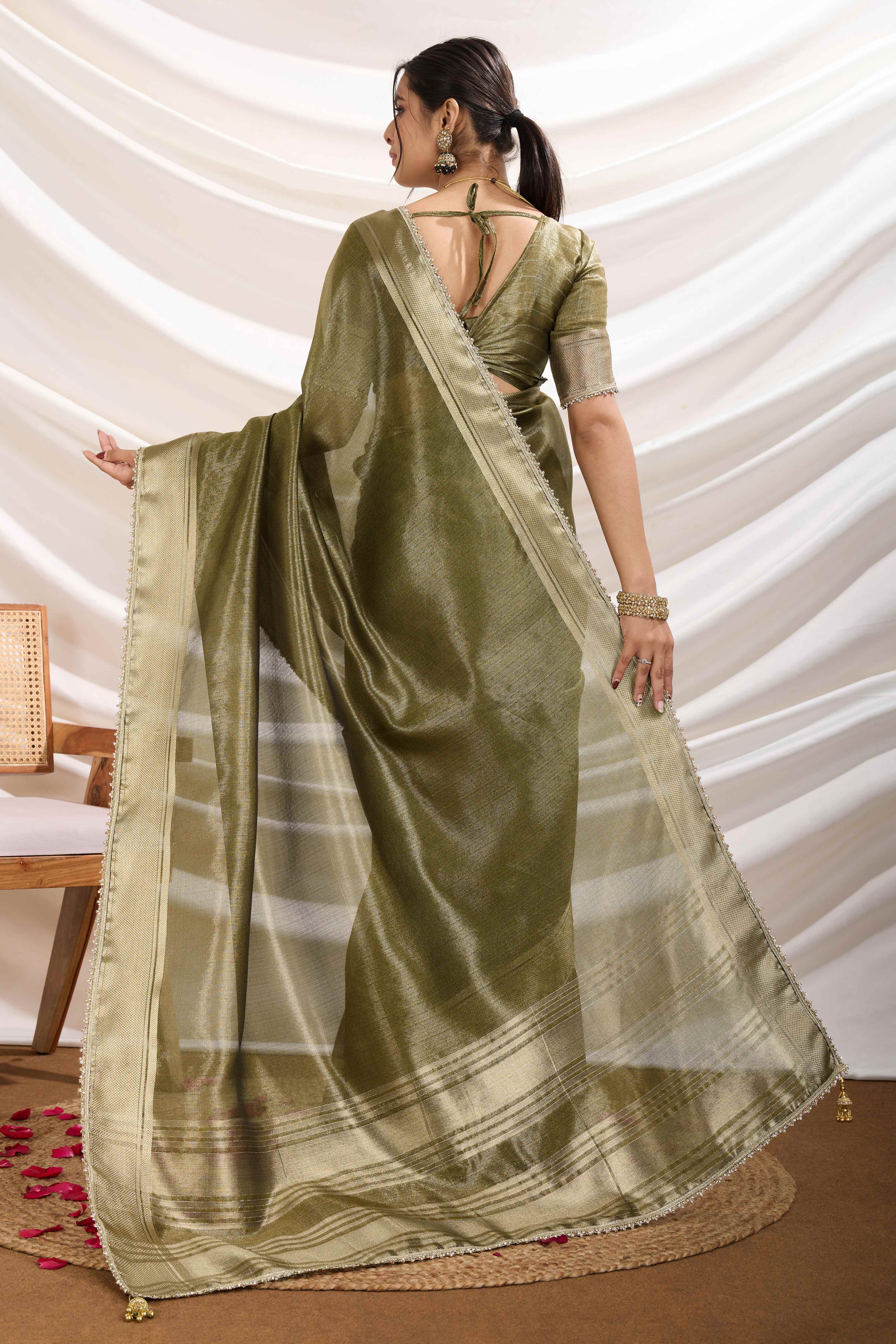 Mehendi Green Solid Linen Tissue Saree With Weaving & Zarkan Lace Border