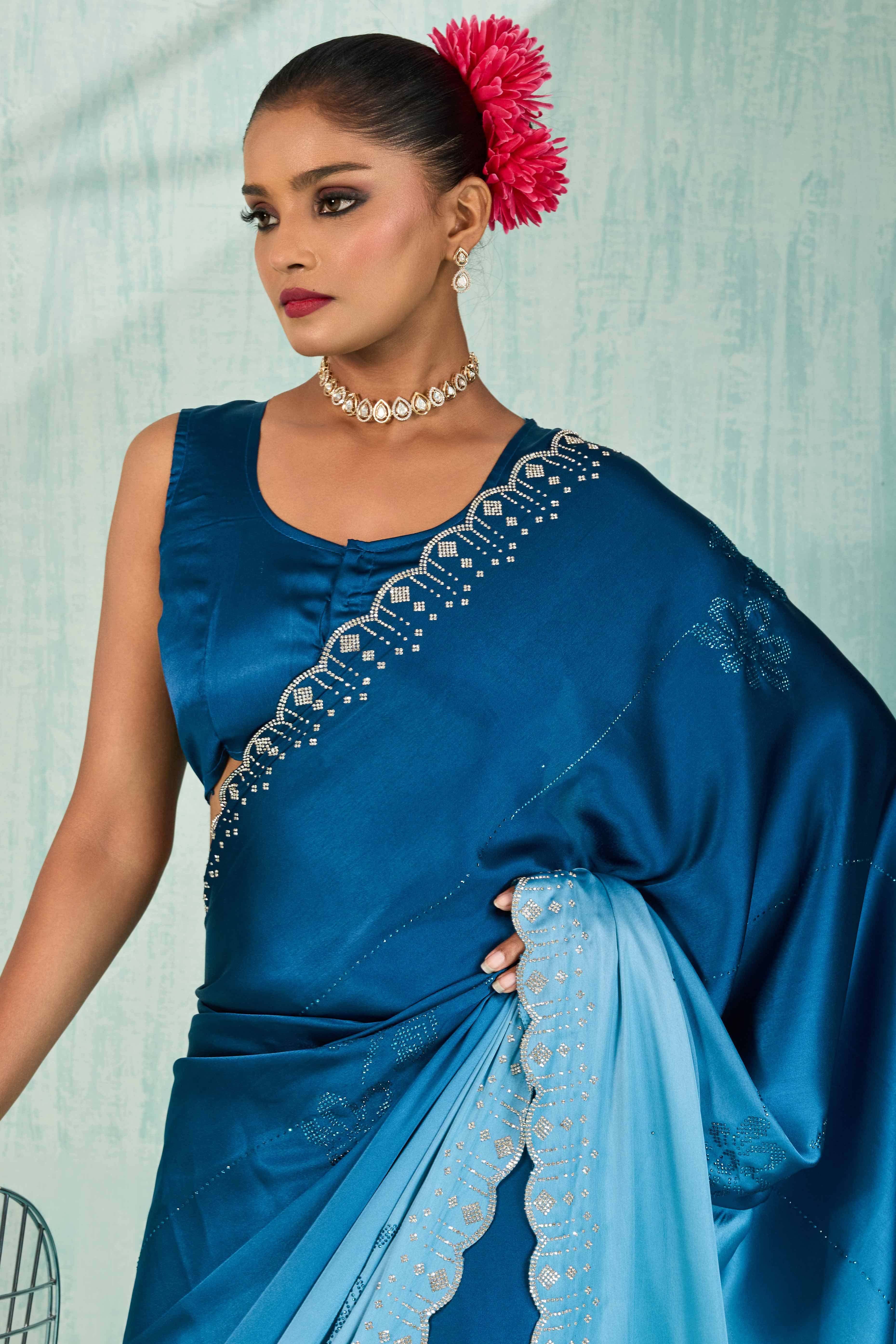 Morpich Blue Satin Ombre Saree Adorned With Rhinestone Crystal Handwork & Elegant Scalloped Border