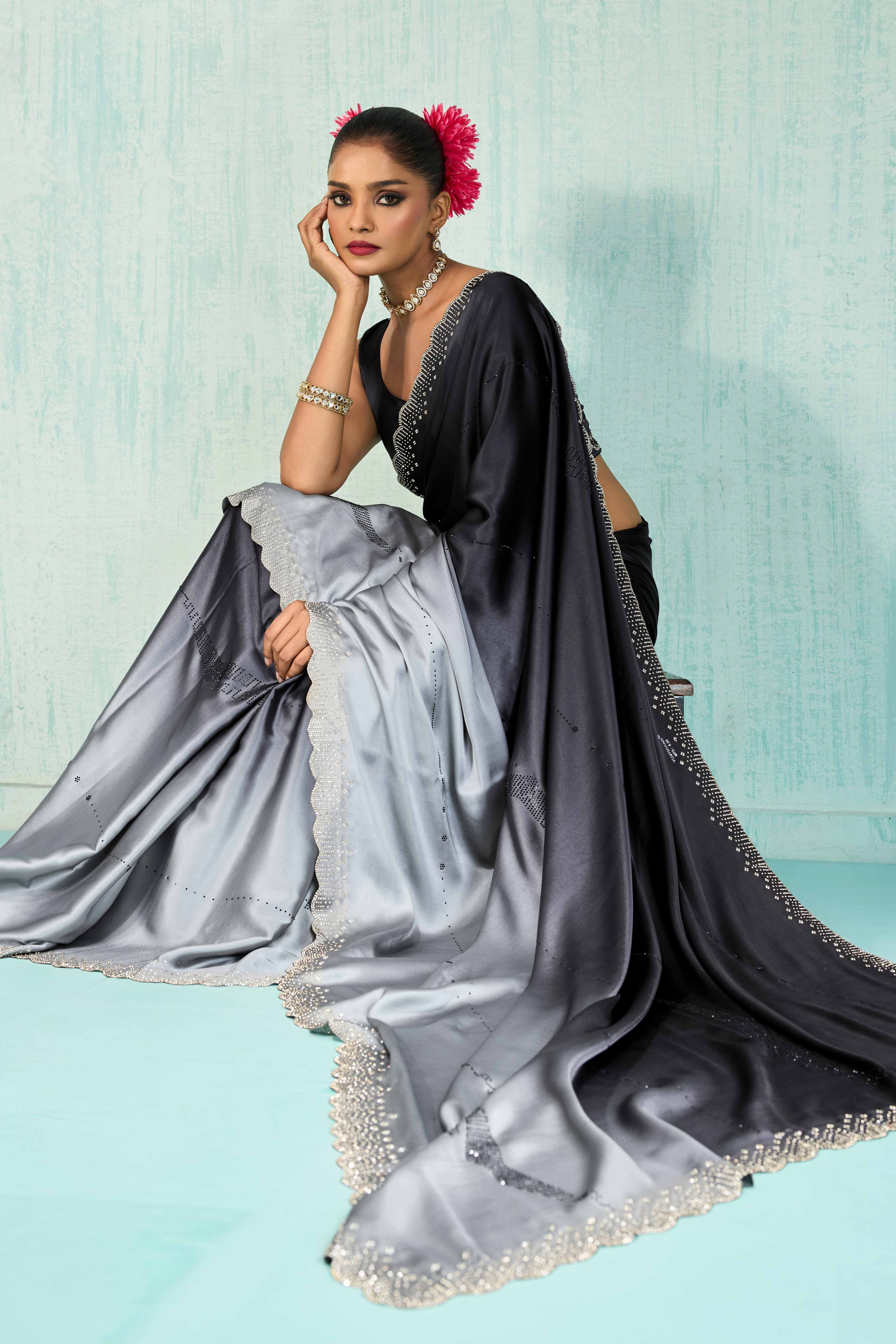 Black & Grey Satin Ombre Saree Adorned With Rhinestone Crystal Handwork & Elegant Scalloped Border