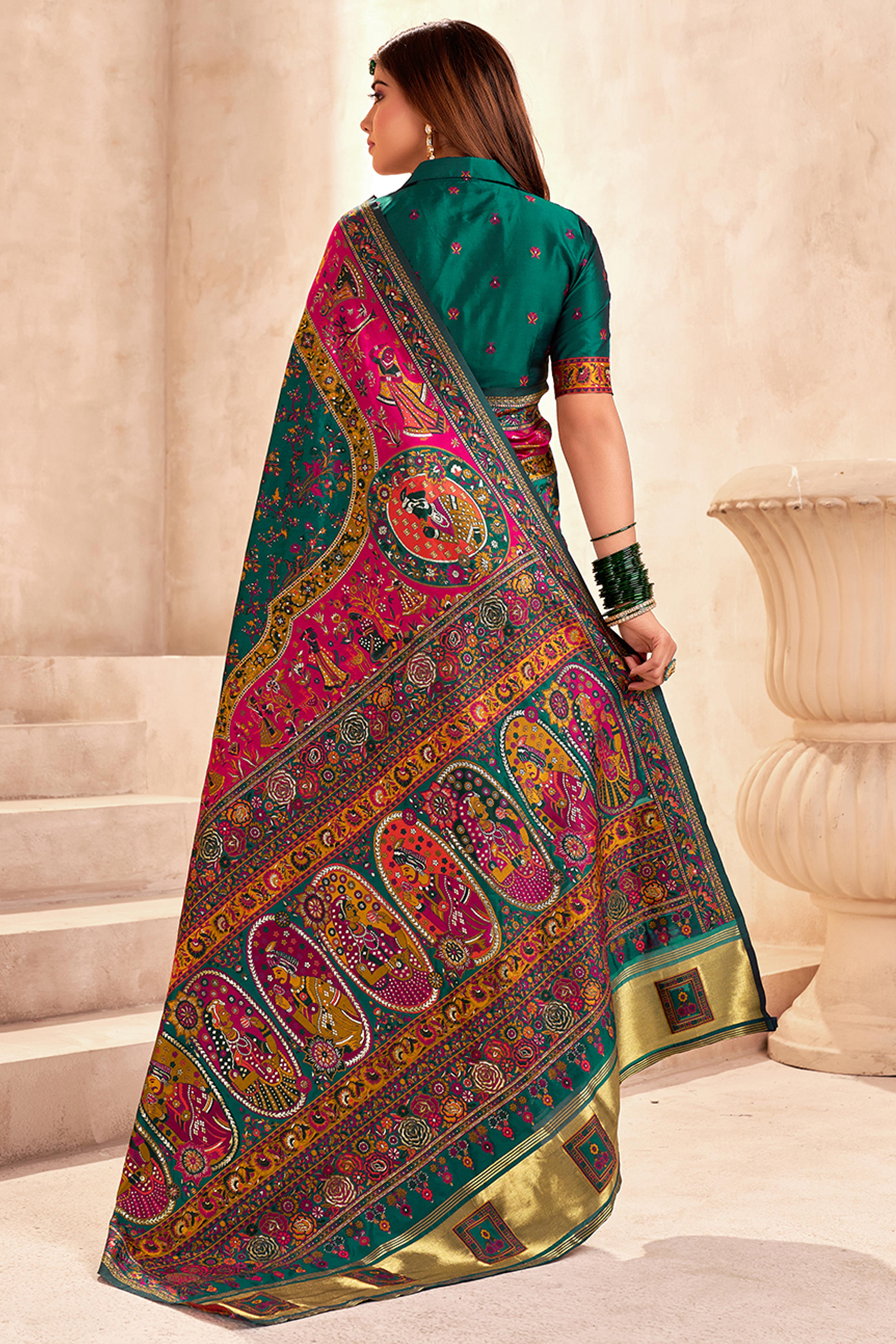Traditional Green Rajwadi Weaving Pashmina Silk Saree With Kashmiri Pallu & Elegant Zari Border