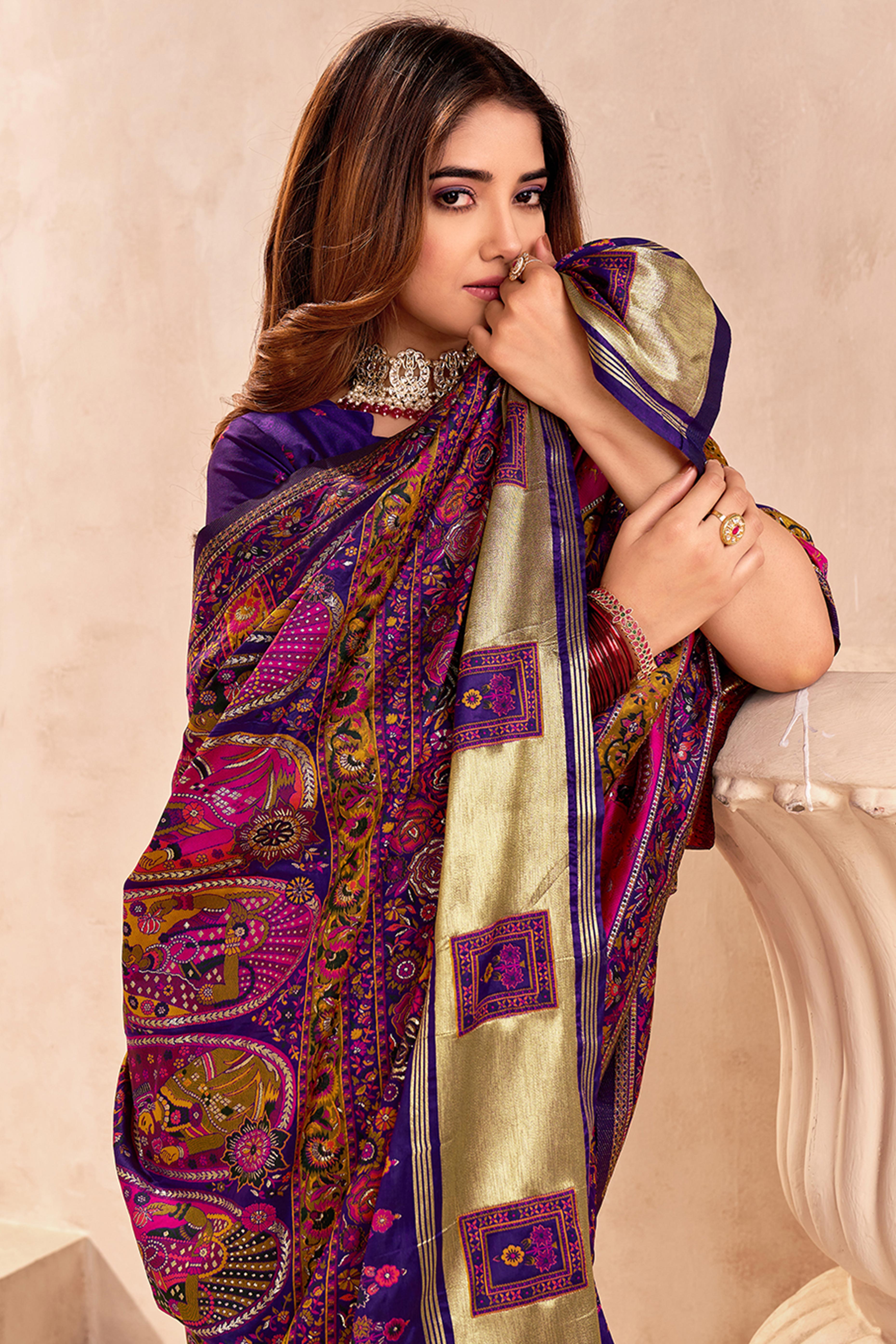 Traditional Purple Rajwadi Weaving Pashmina Silk Saree With Kashmiri Pallu & Elegant Zari Border