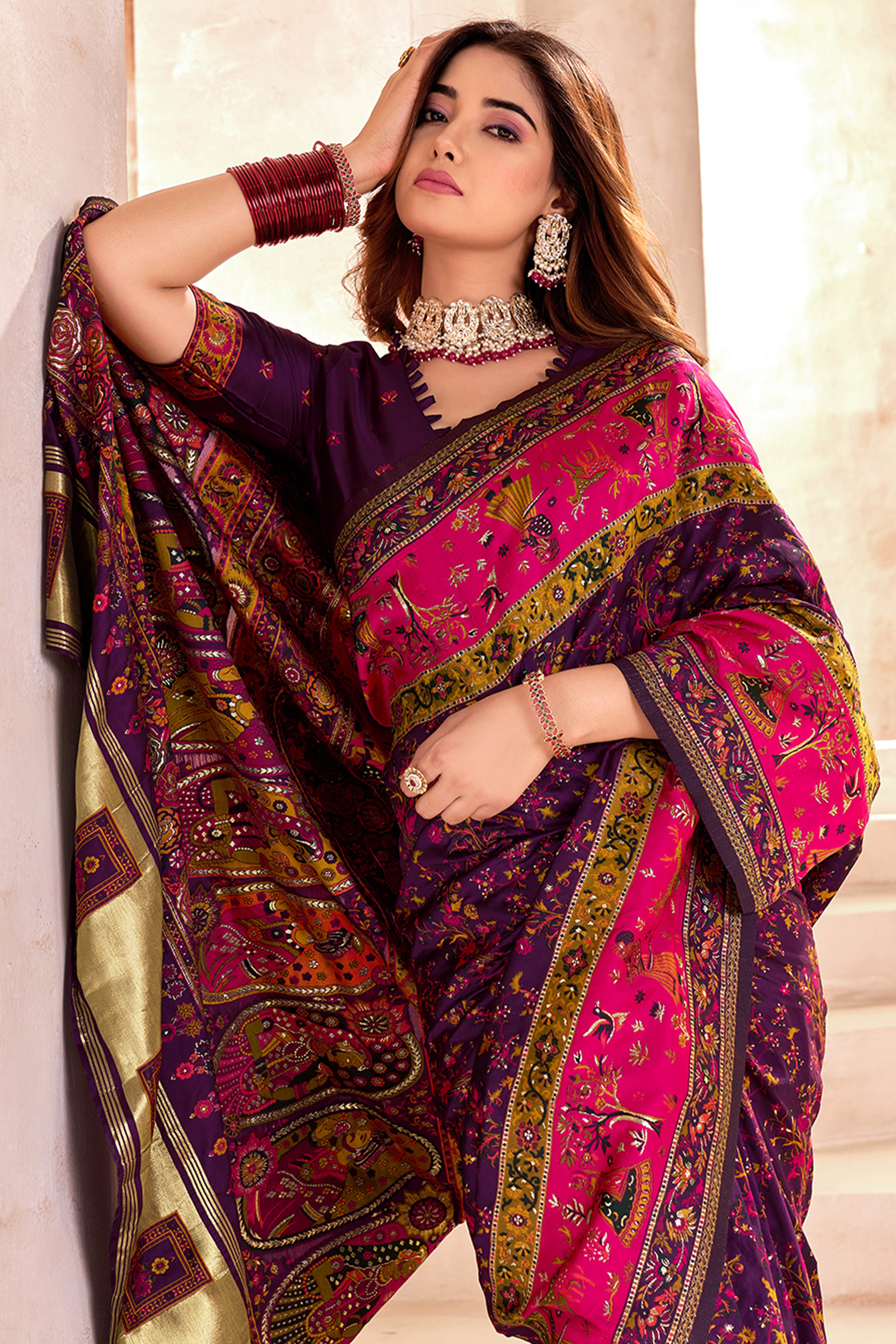 Traditional Wine Rajwadi Weaving Pashmina Silk Saree With Kashmiri Pallu & Elegant Zari Border