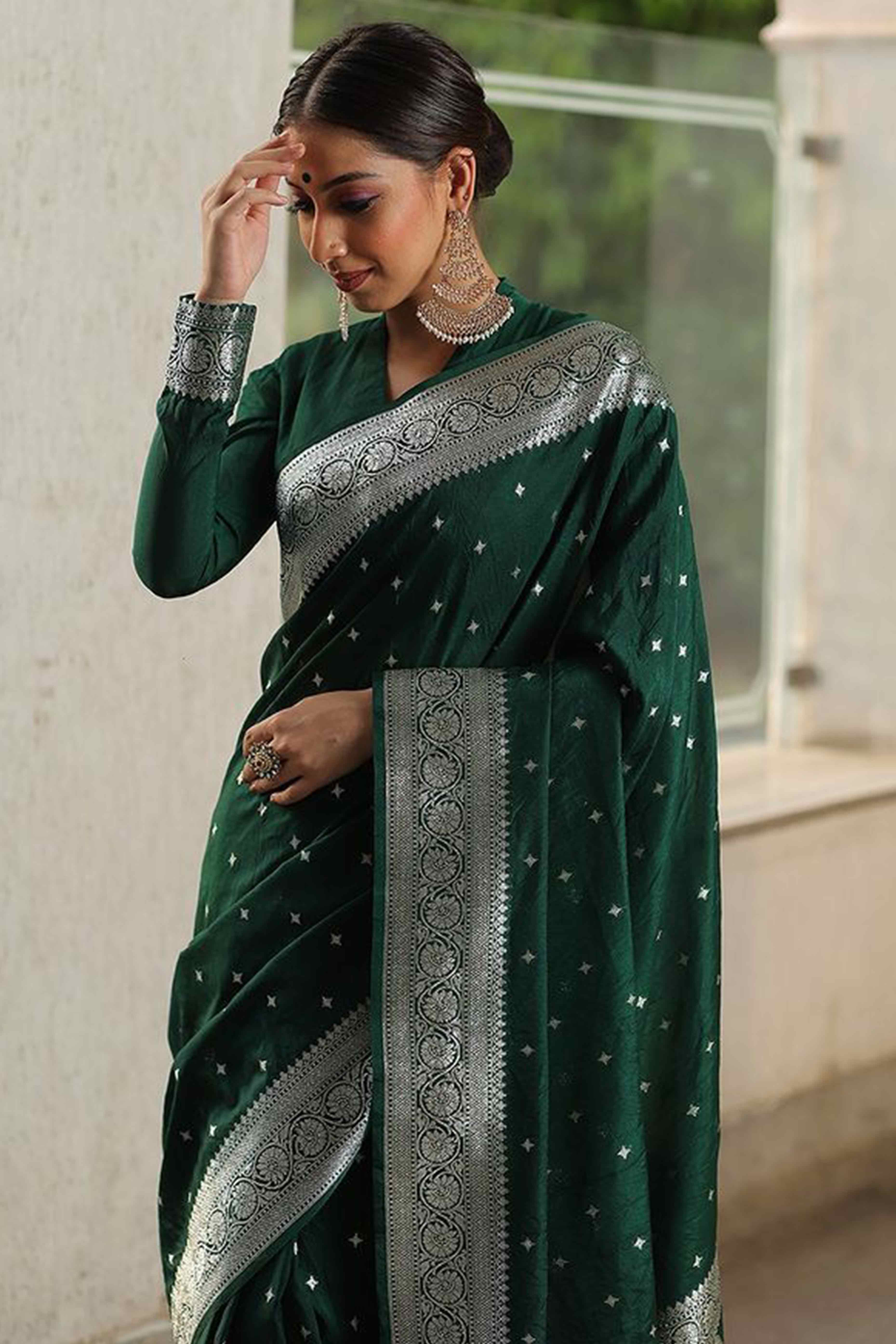 Exquisite Green Floral Woven Lichi Banarasi Silk Saree With Tassel & Artisanal Weaving