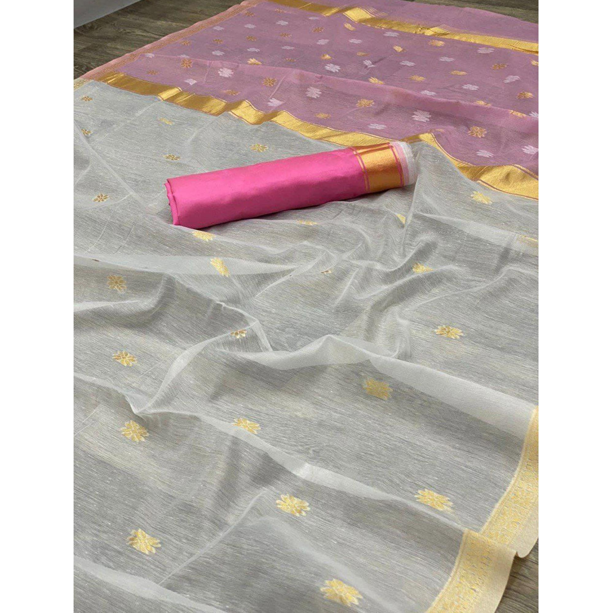 Zari Butti Woven White Soft Linen Cotton Saree for Festive Grace and Charm