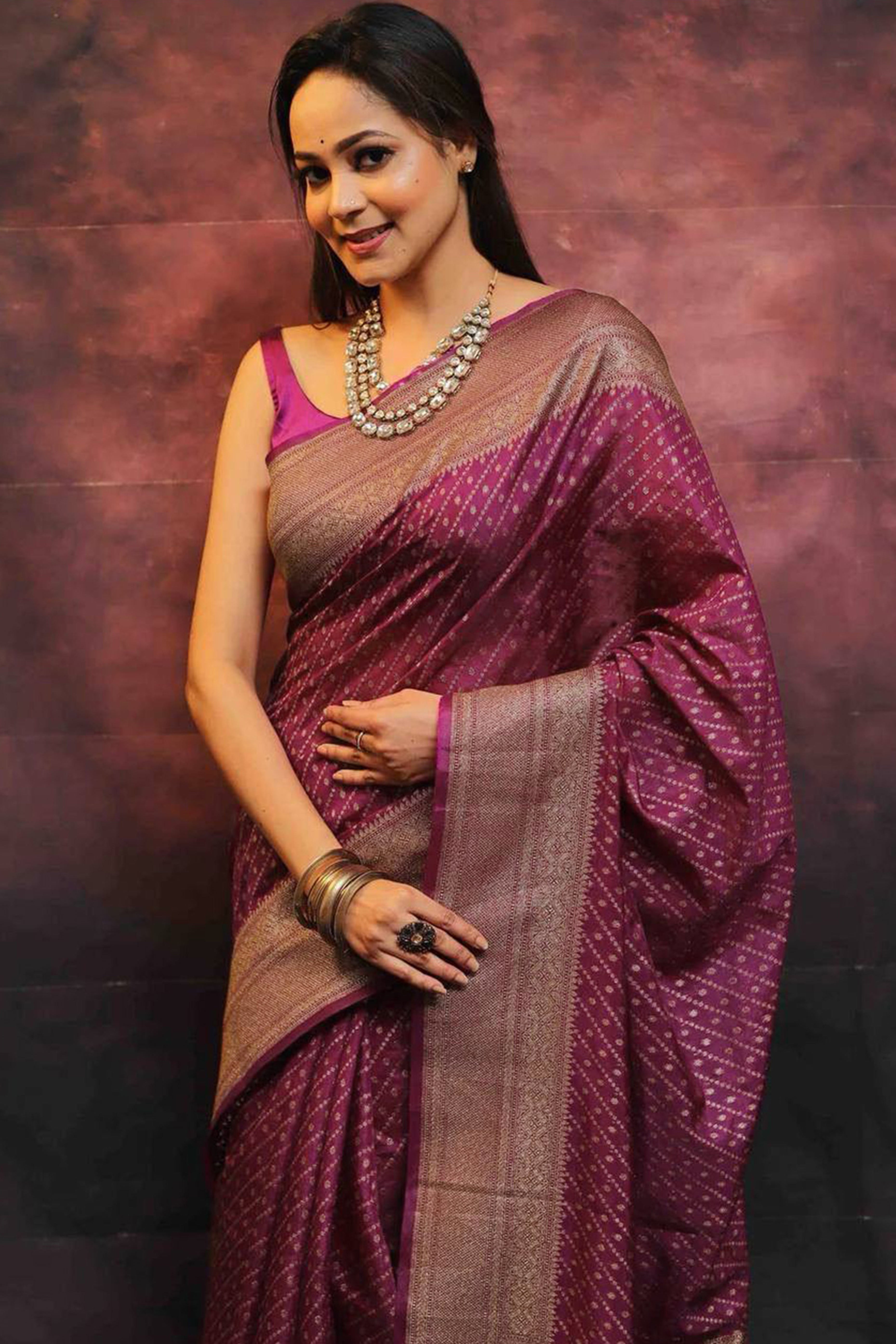 Luxurious Wine Zari Woven Lichi Banarasi Silk Saree
