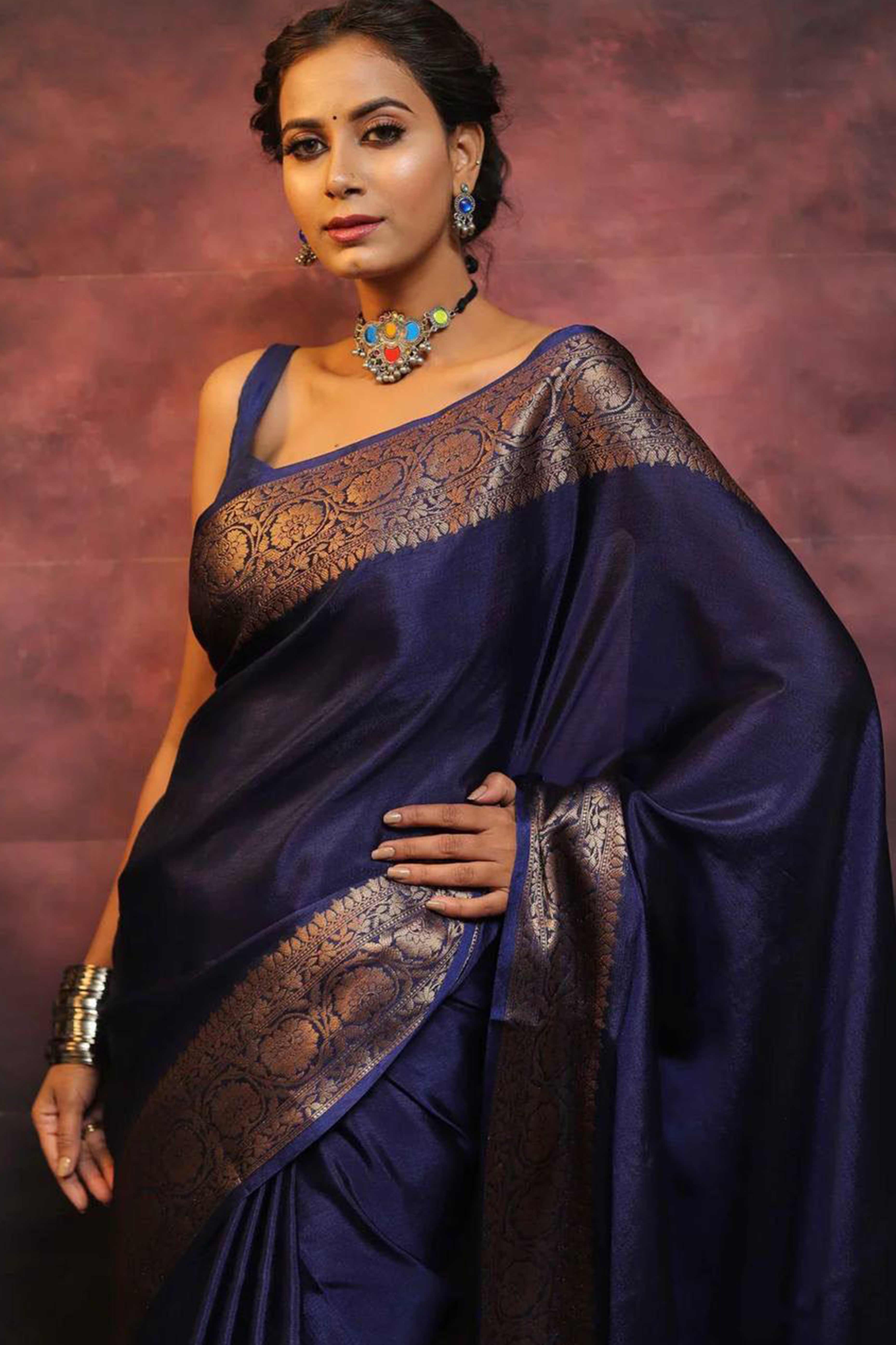 Navy Blue Floral Woven Lichi Banarasi Silk Saree