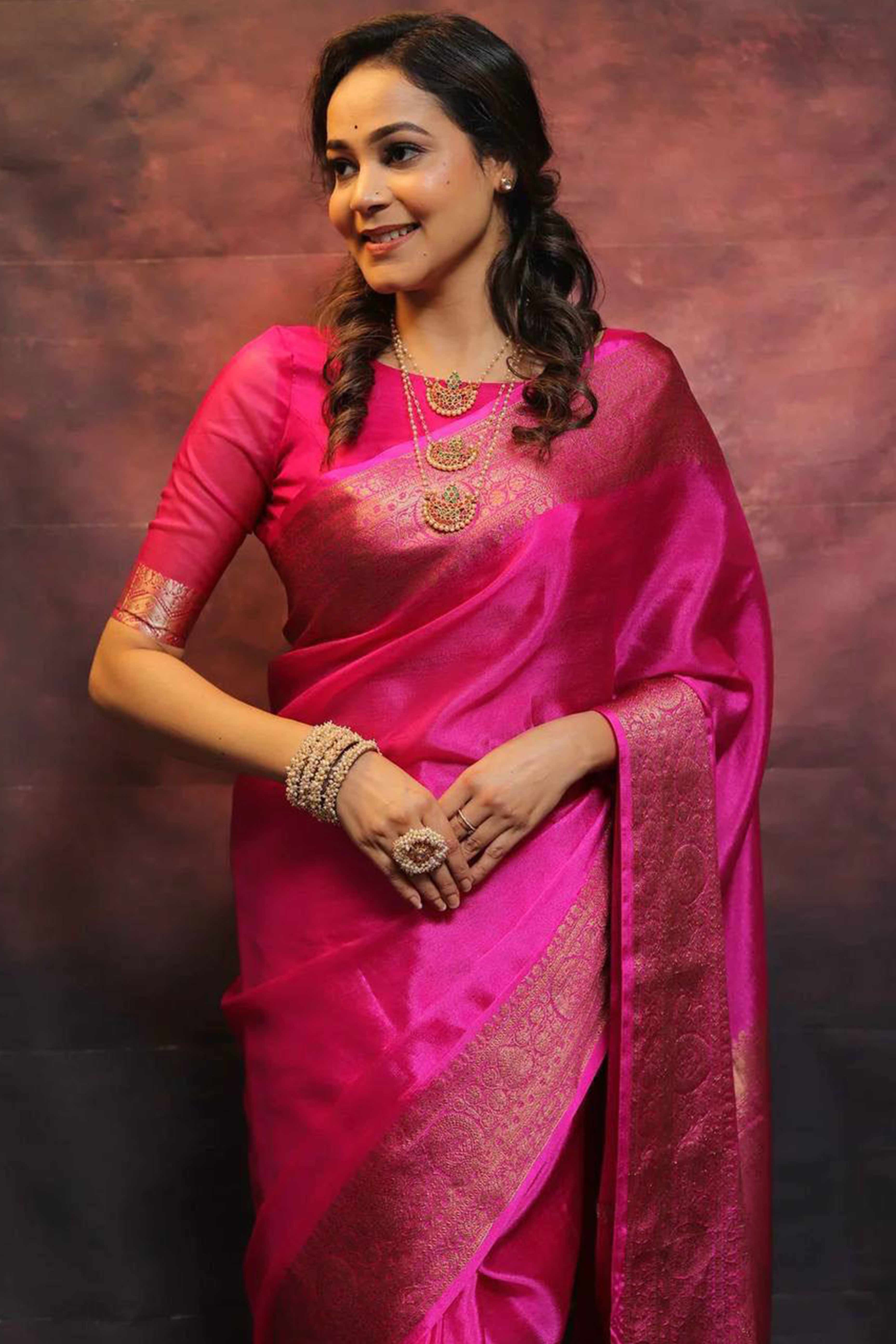Pink Floral Woven Lichi Banarasi Silk Saree
