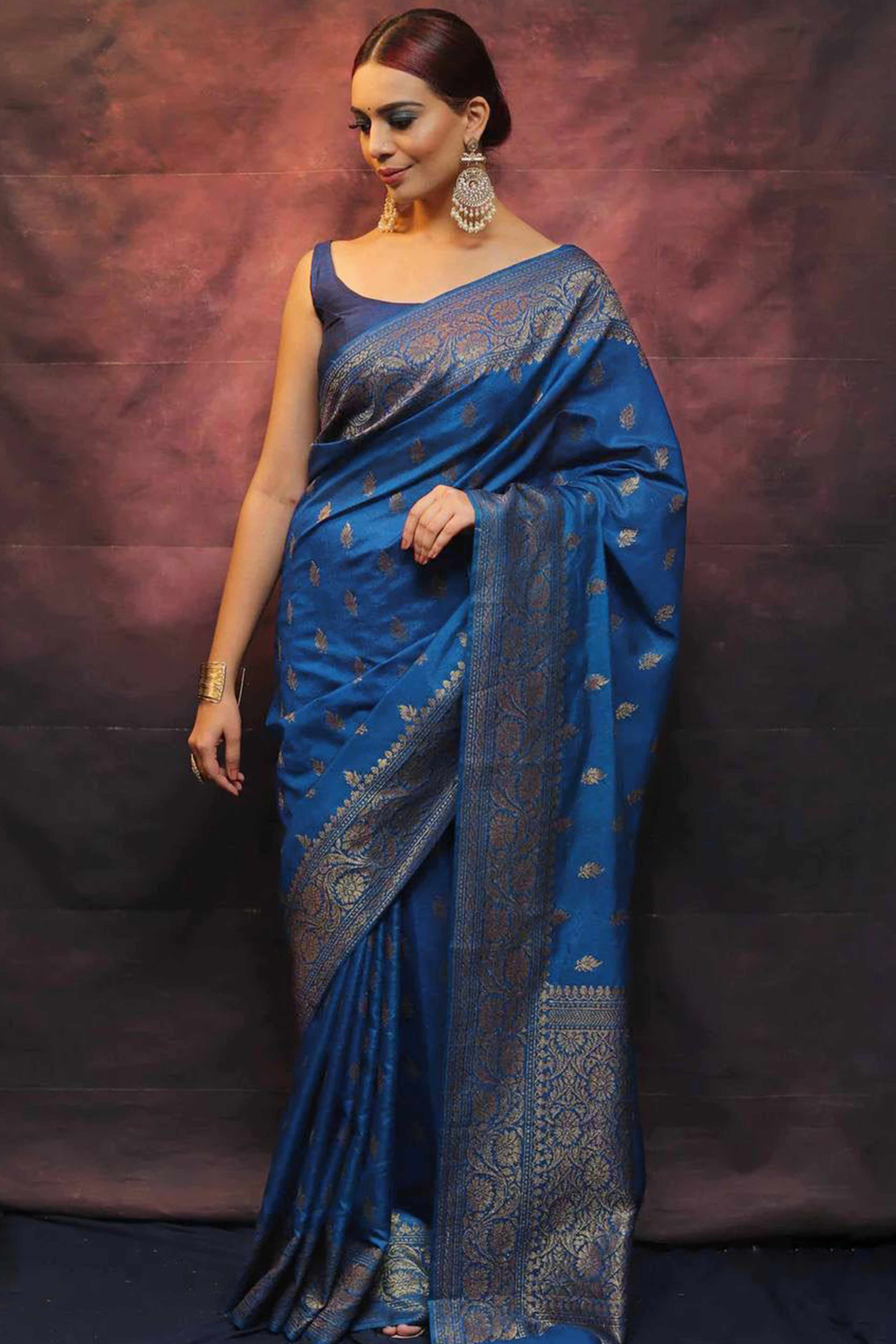 Blue Organic Banarasi Silk Saree with Floral Zari Elegance