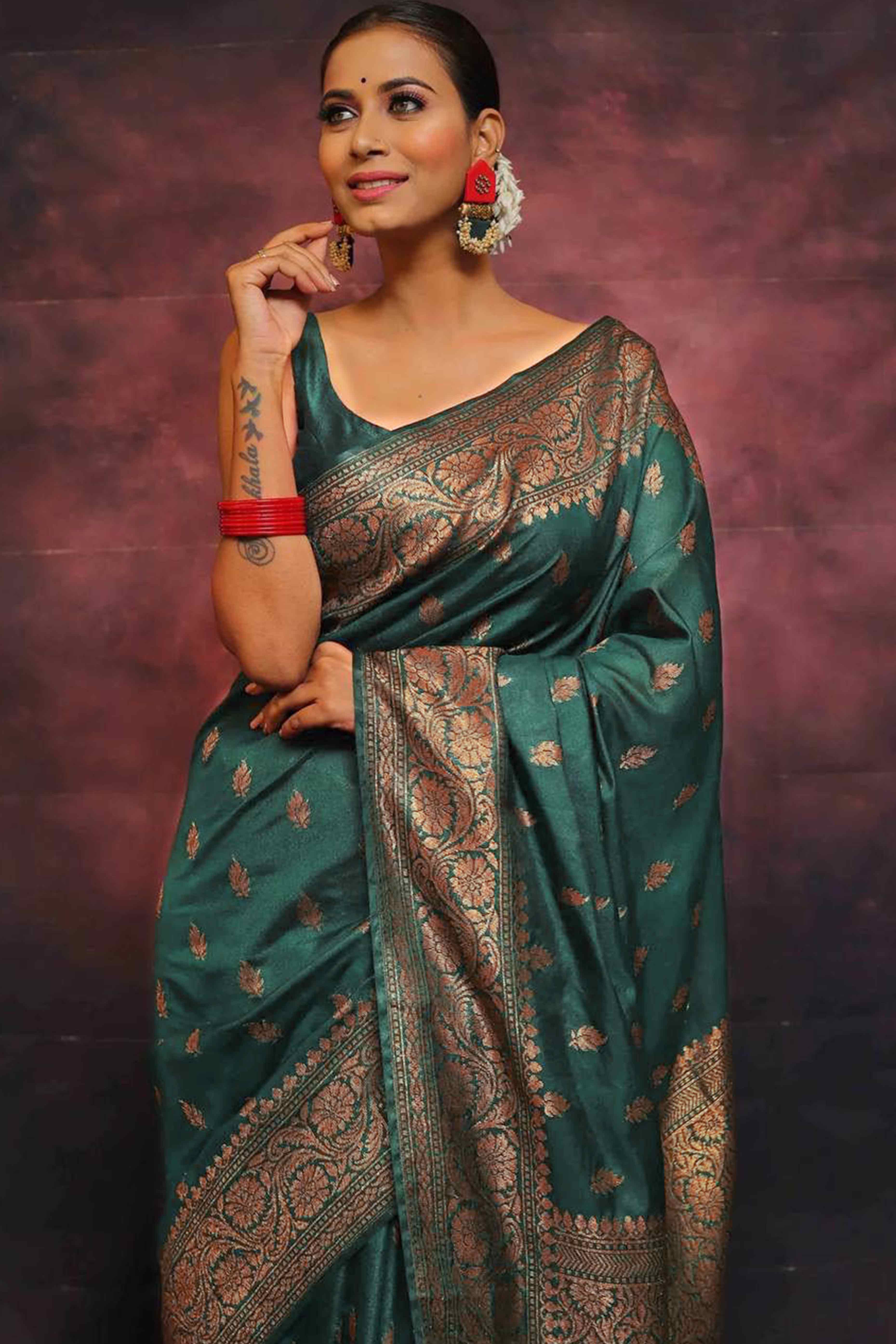Green Organic Banarasi Silk Saree with Floral Zari Ornamentation