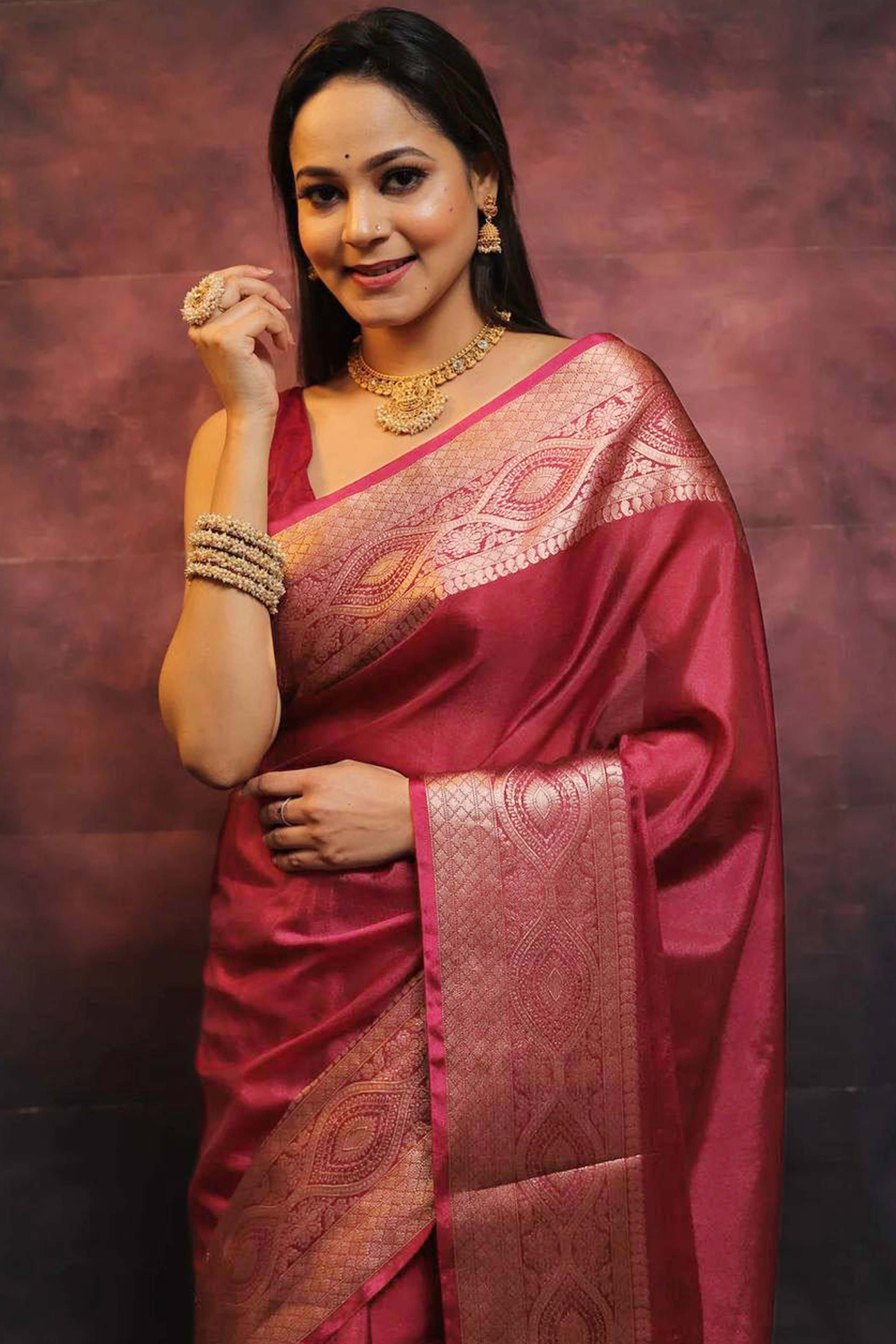 Regal Maroon Floral Zari Woven Lichi Banarasi Silk Saree