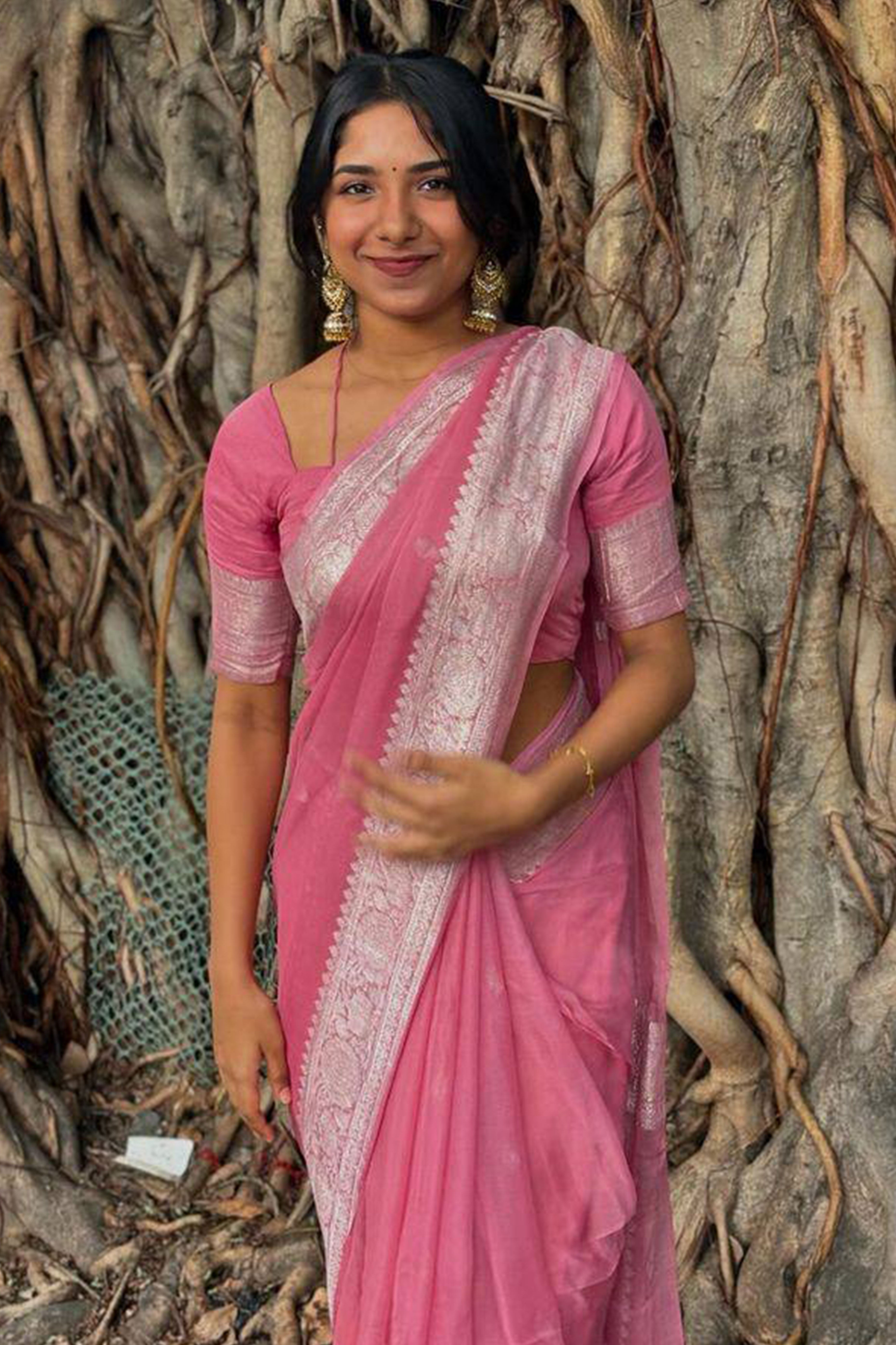 Pink Floral Woven Cotton Silk Saree