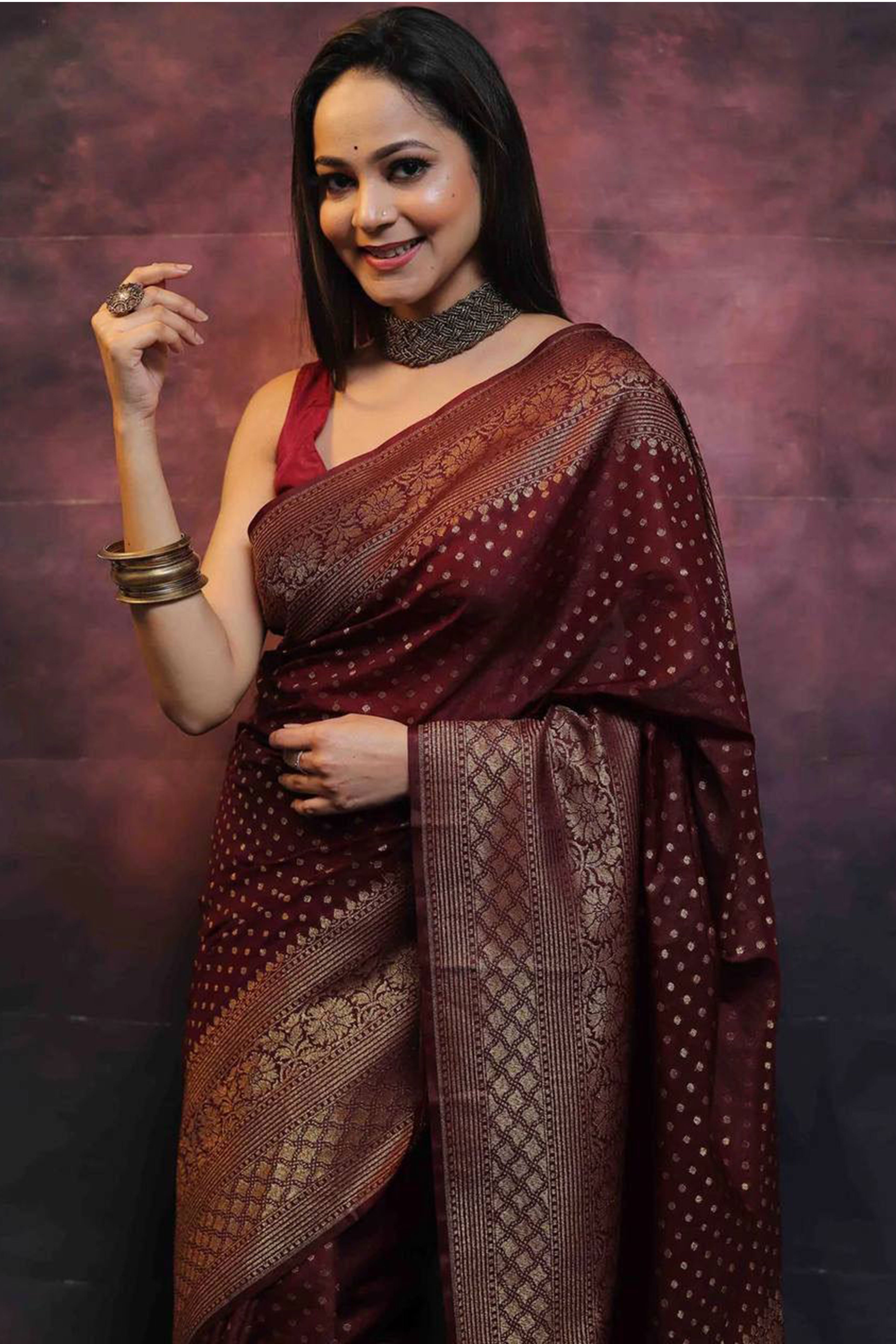 Maroon Floral Woven Lichi Banarasi Silk Saree