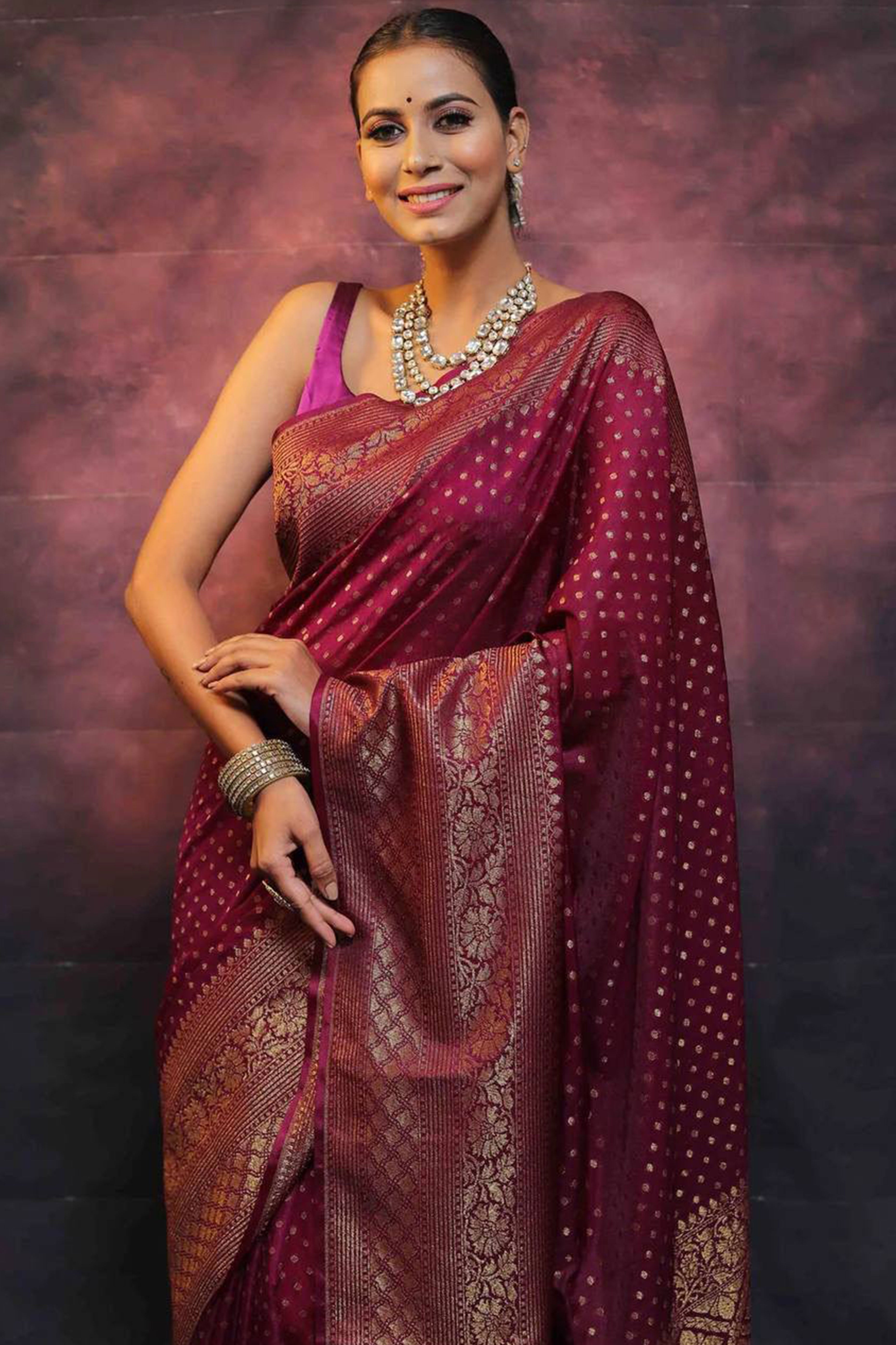 Wine Floral Woven Lichi Banarasi Silk Saree