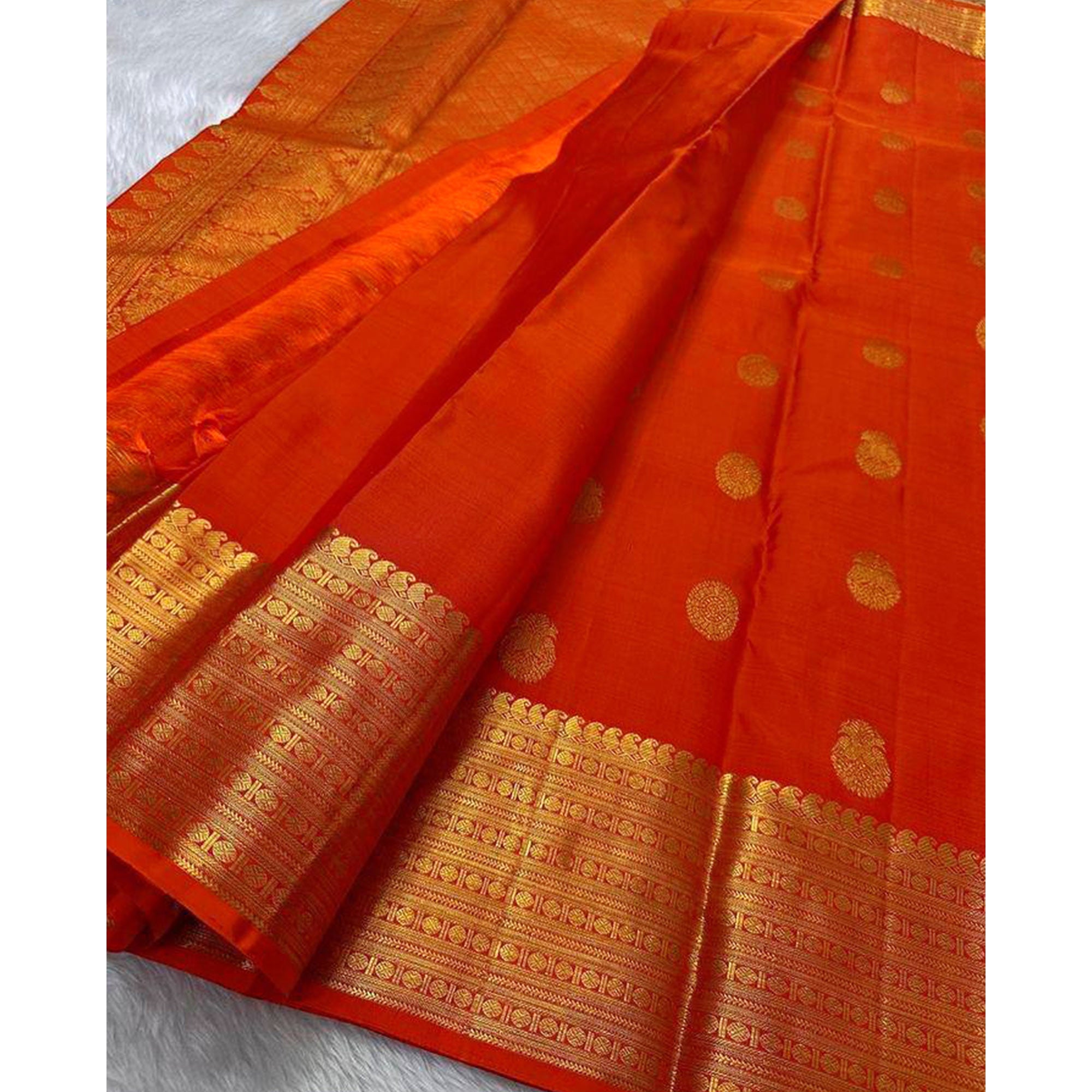 Orange Floral Woven Lichi Banarasi Silk Saree