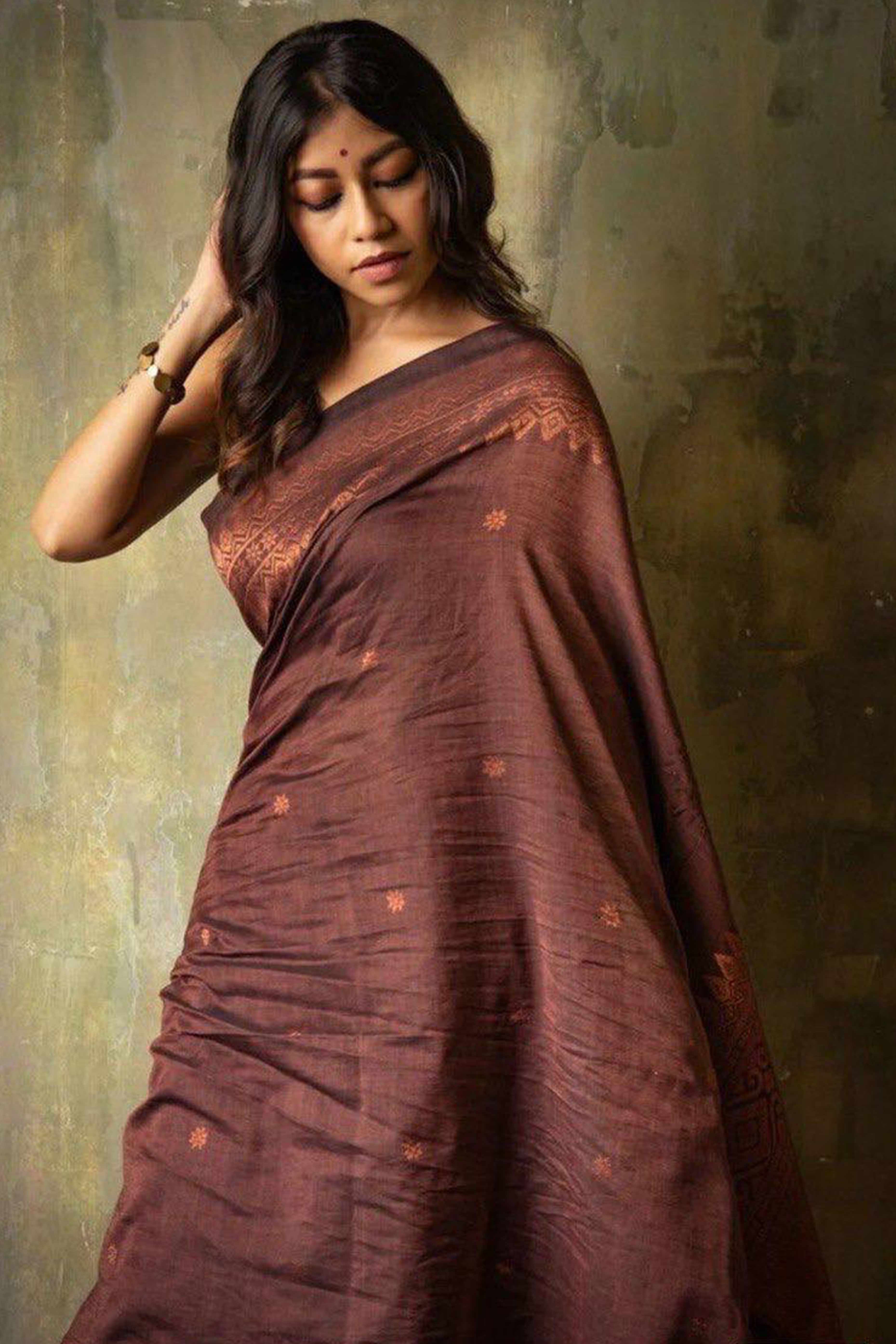 Brown Floral Woven Lichi Banarasi Silk Saree