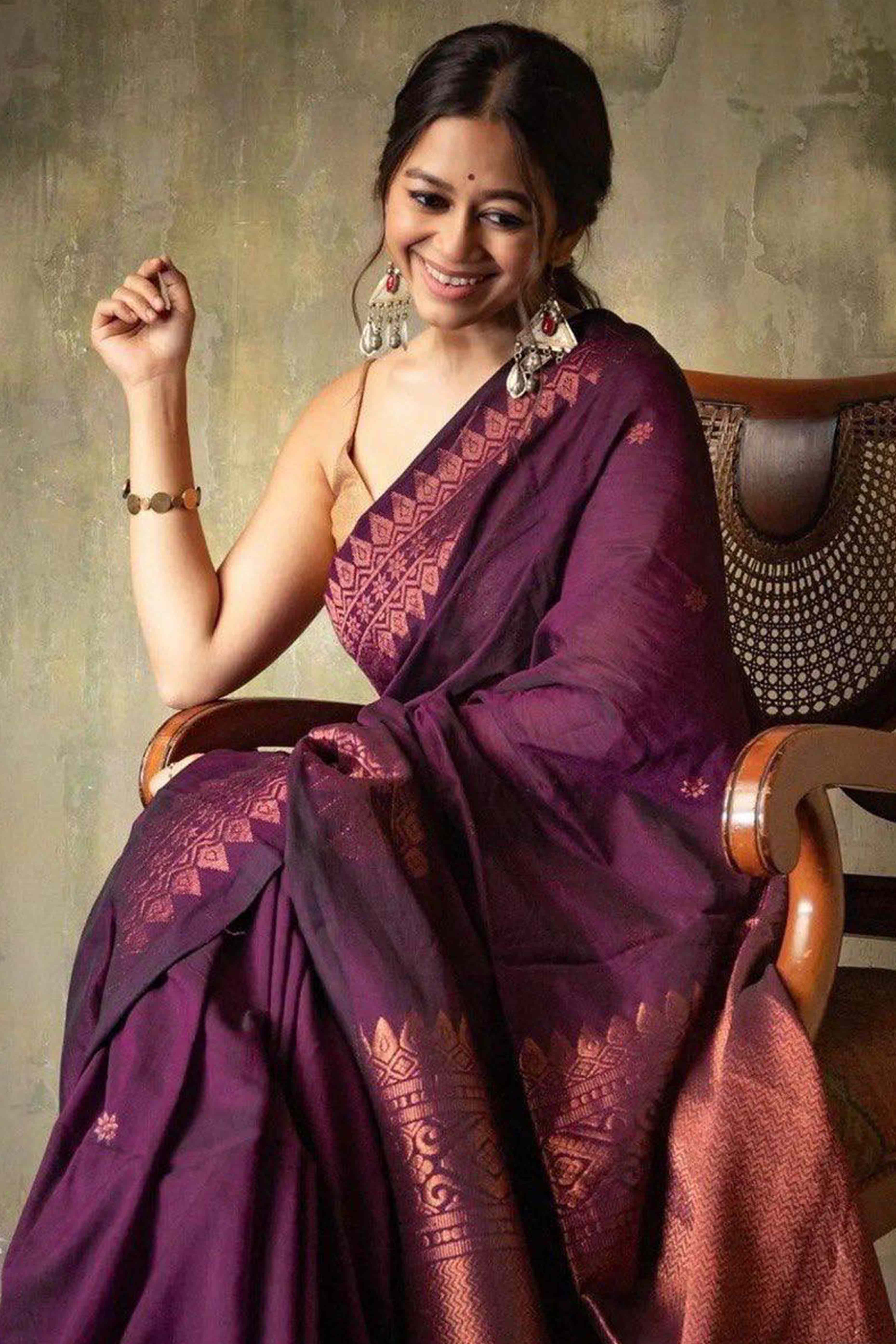 Wine Floral Woven Lichi Banarasi Silk Saree