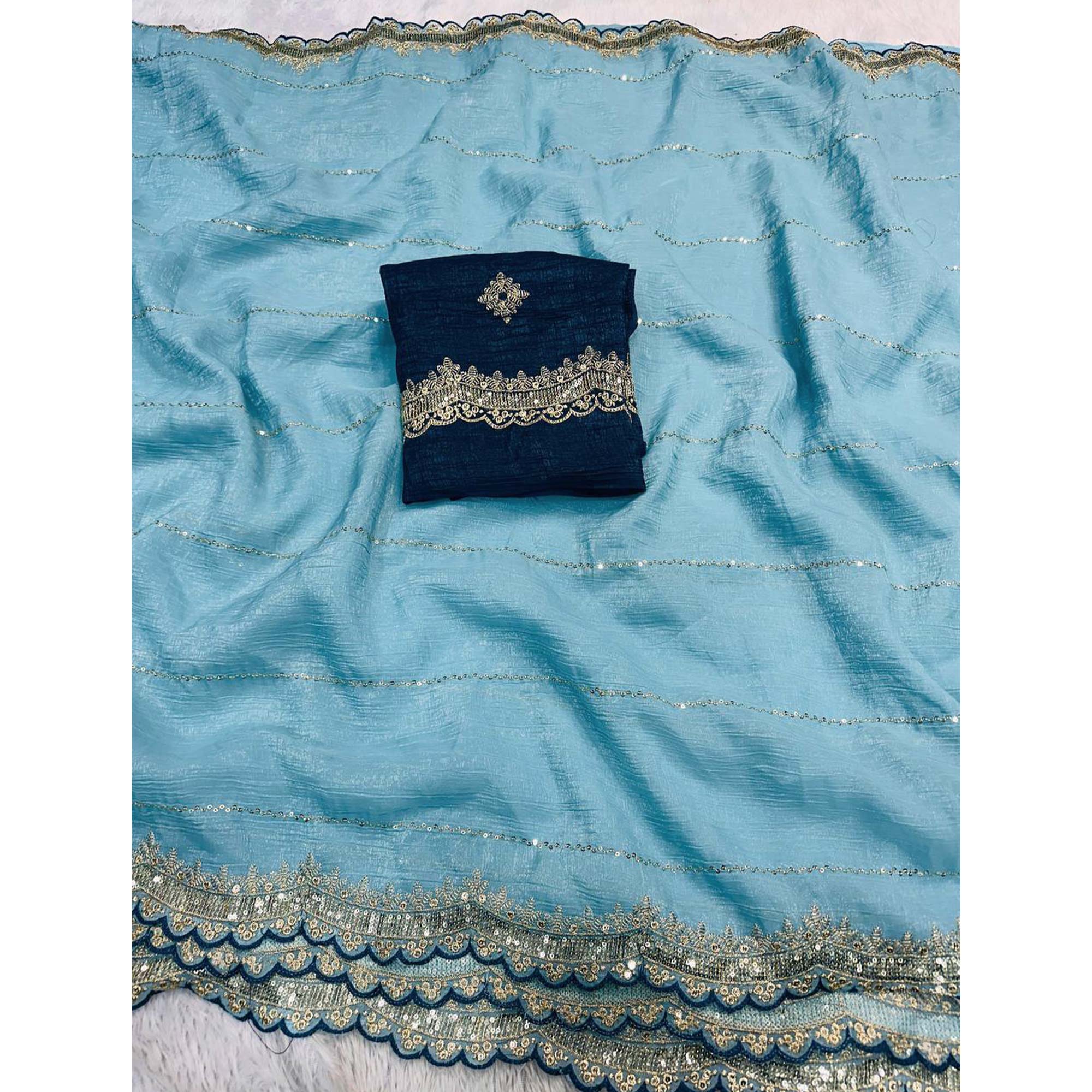 Blue Sequins Embroidered Tussar silk Saree