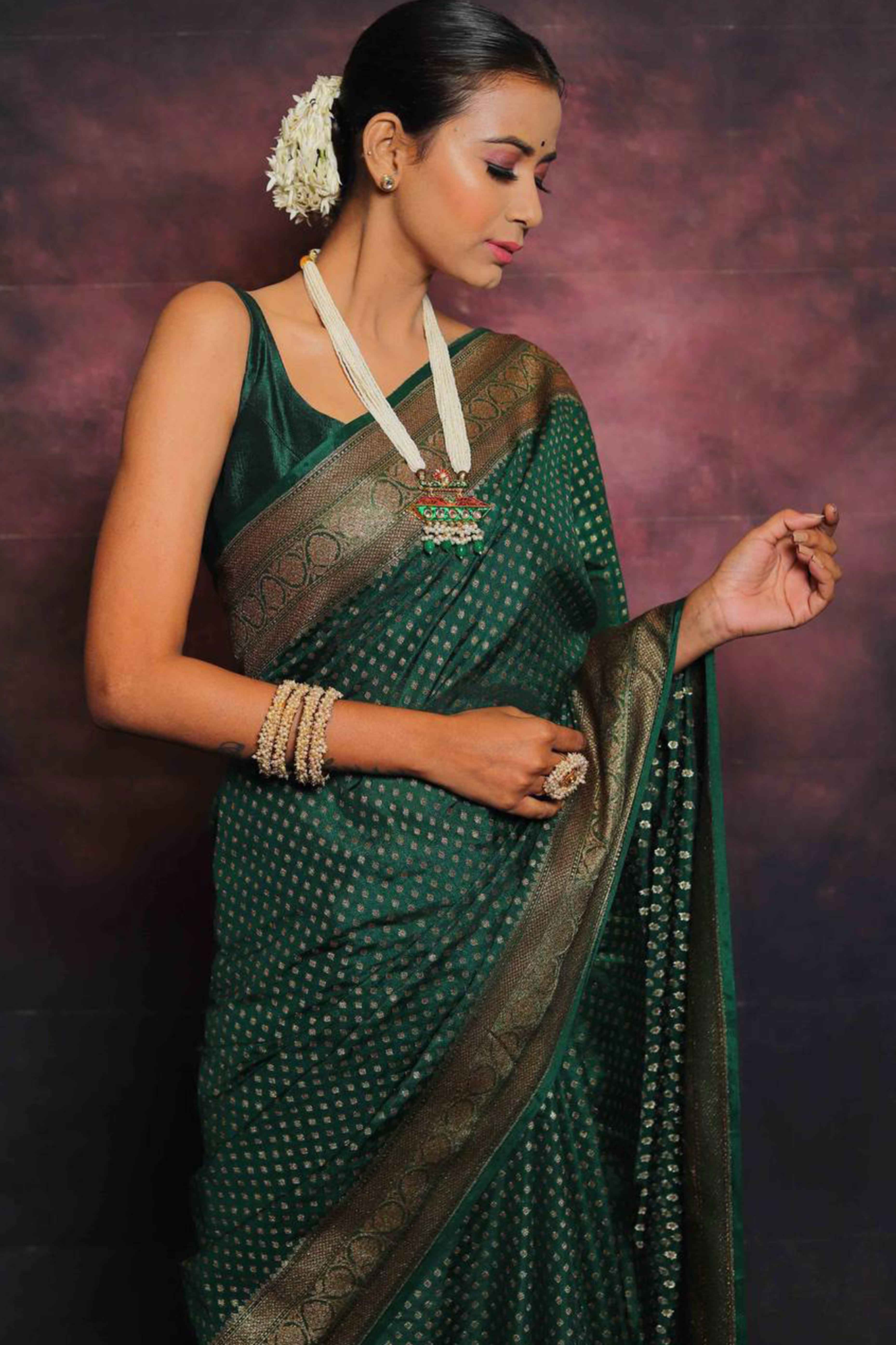 Bottle Green Floral Woven Lichi Banarasi Silk Saree
