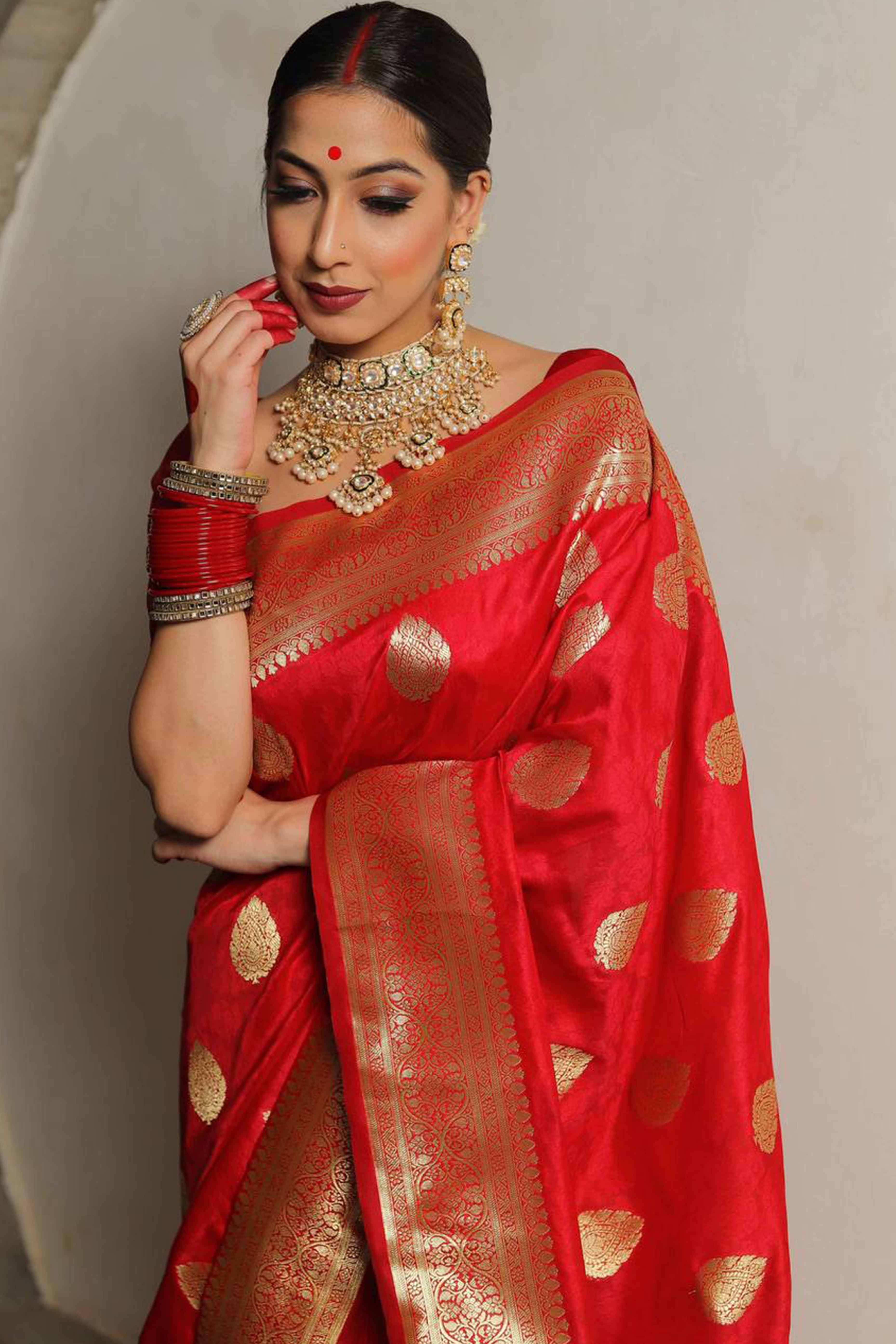 Red Floral Woven Lichi Banarasi Silk Saree