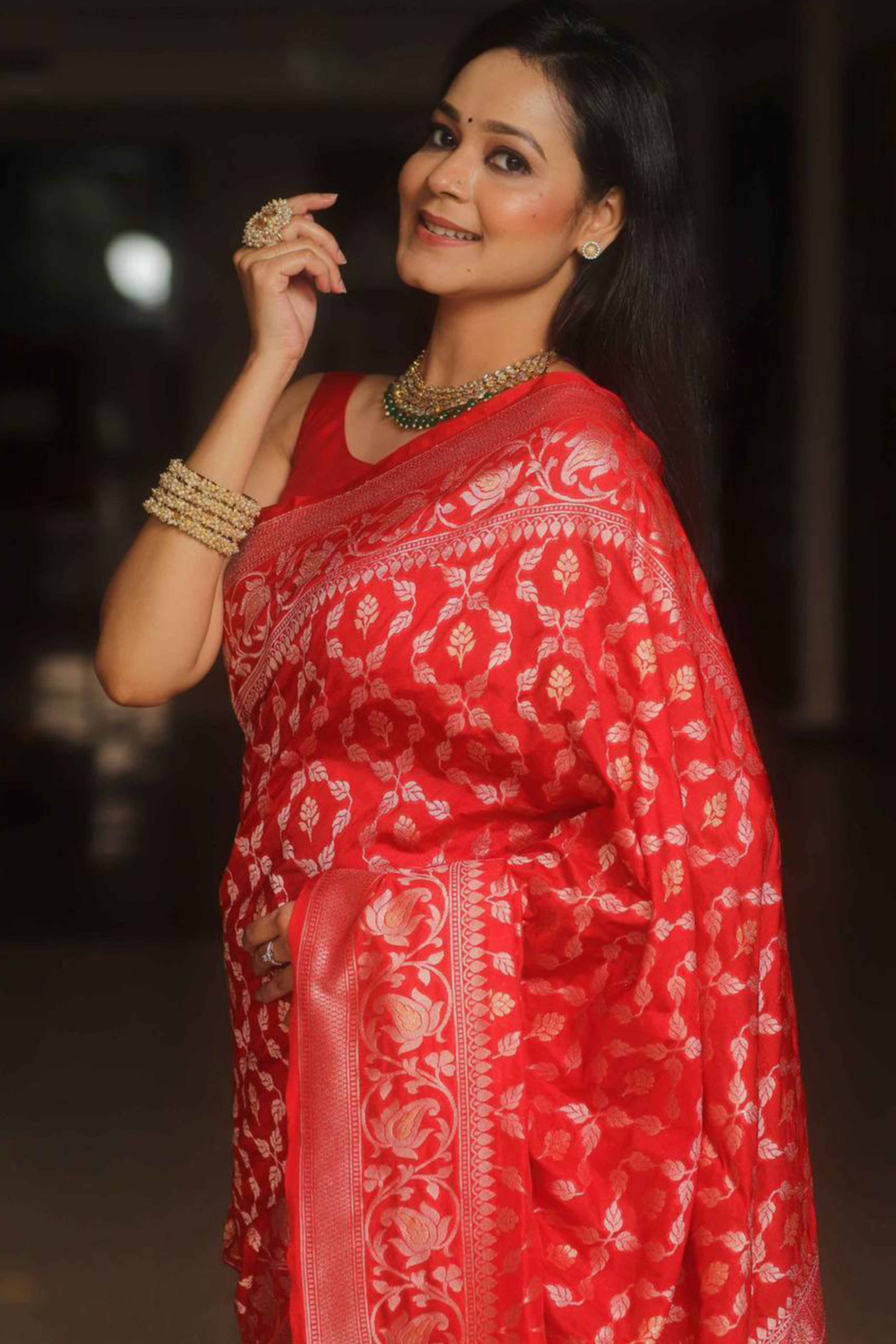 Red Floral Woven Banarasi Silk Saree