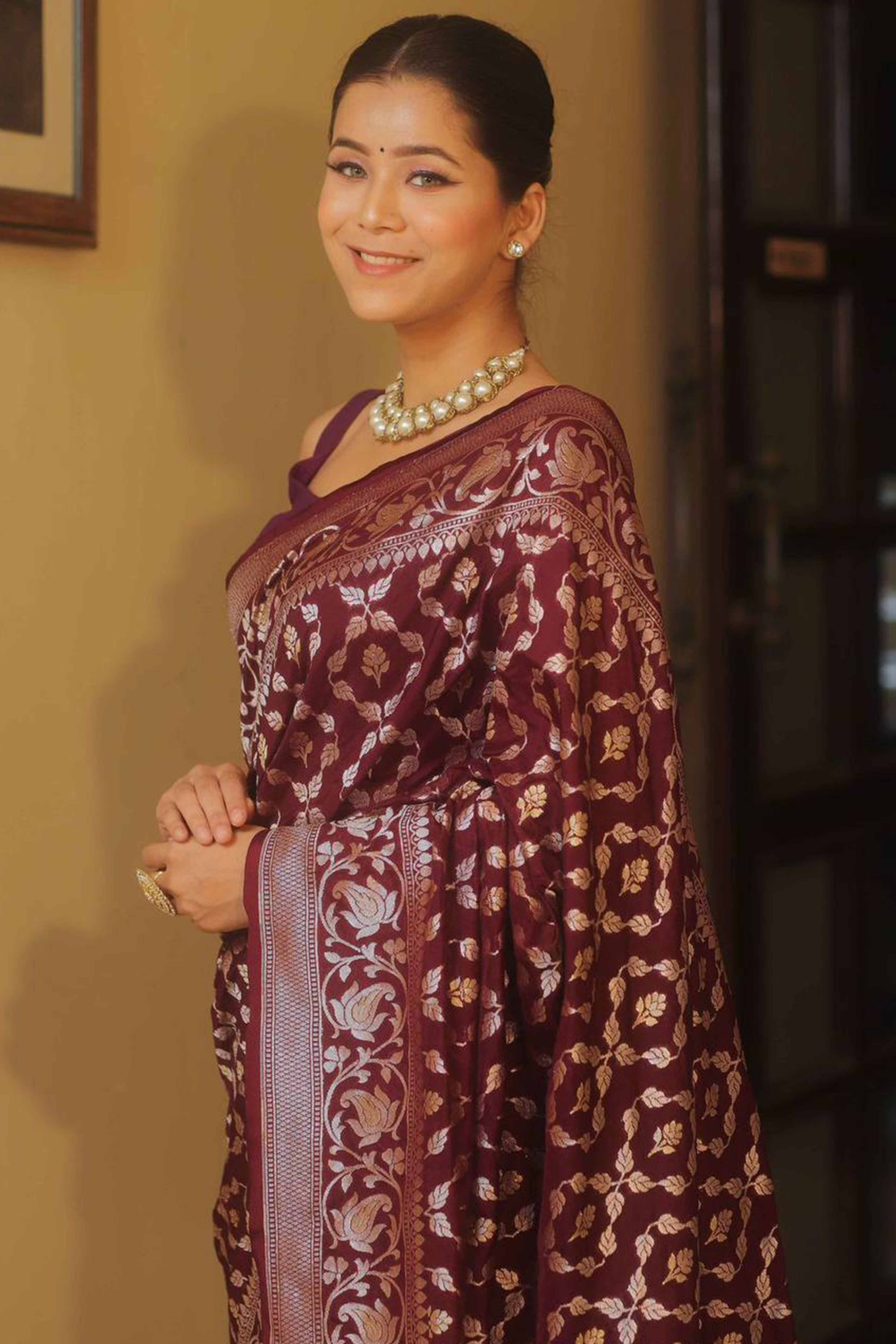 Wine Floral Woven Banarasi Silk Saree