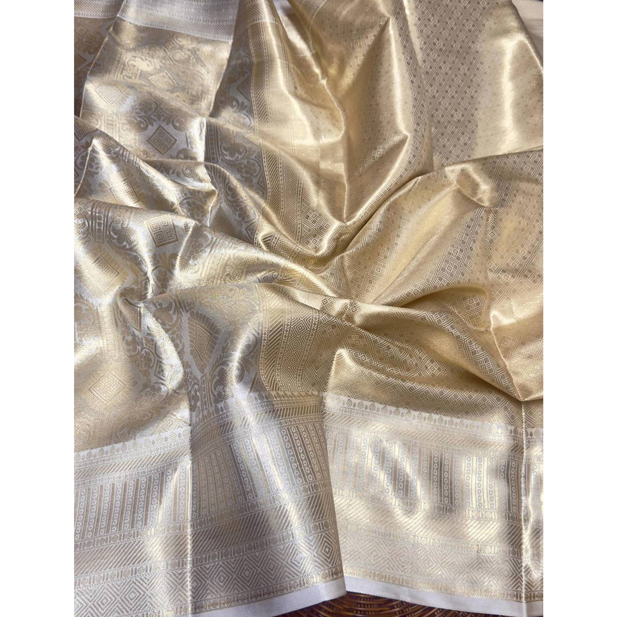 Handloom Banarasi Golden Tissue Silk Saree Adorned with Intricate Traditional Patterns