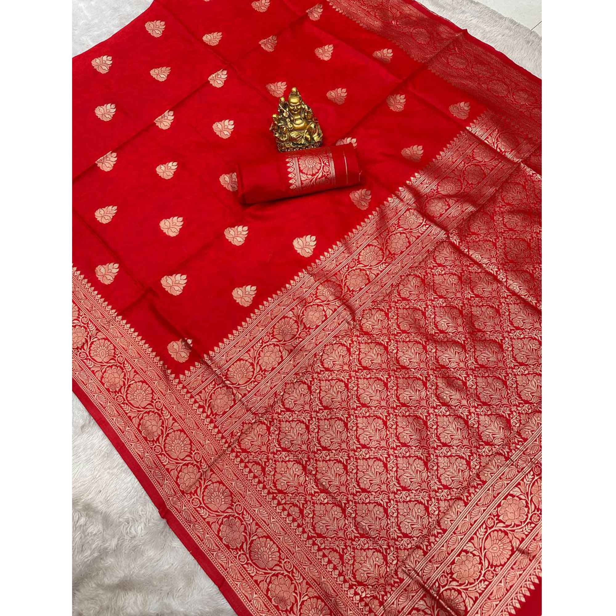 Red Zari Butti Embellished Banarasi Silk Saree Offering Timeless Grace and Festive Charm