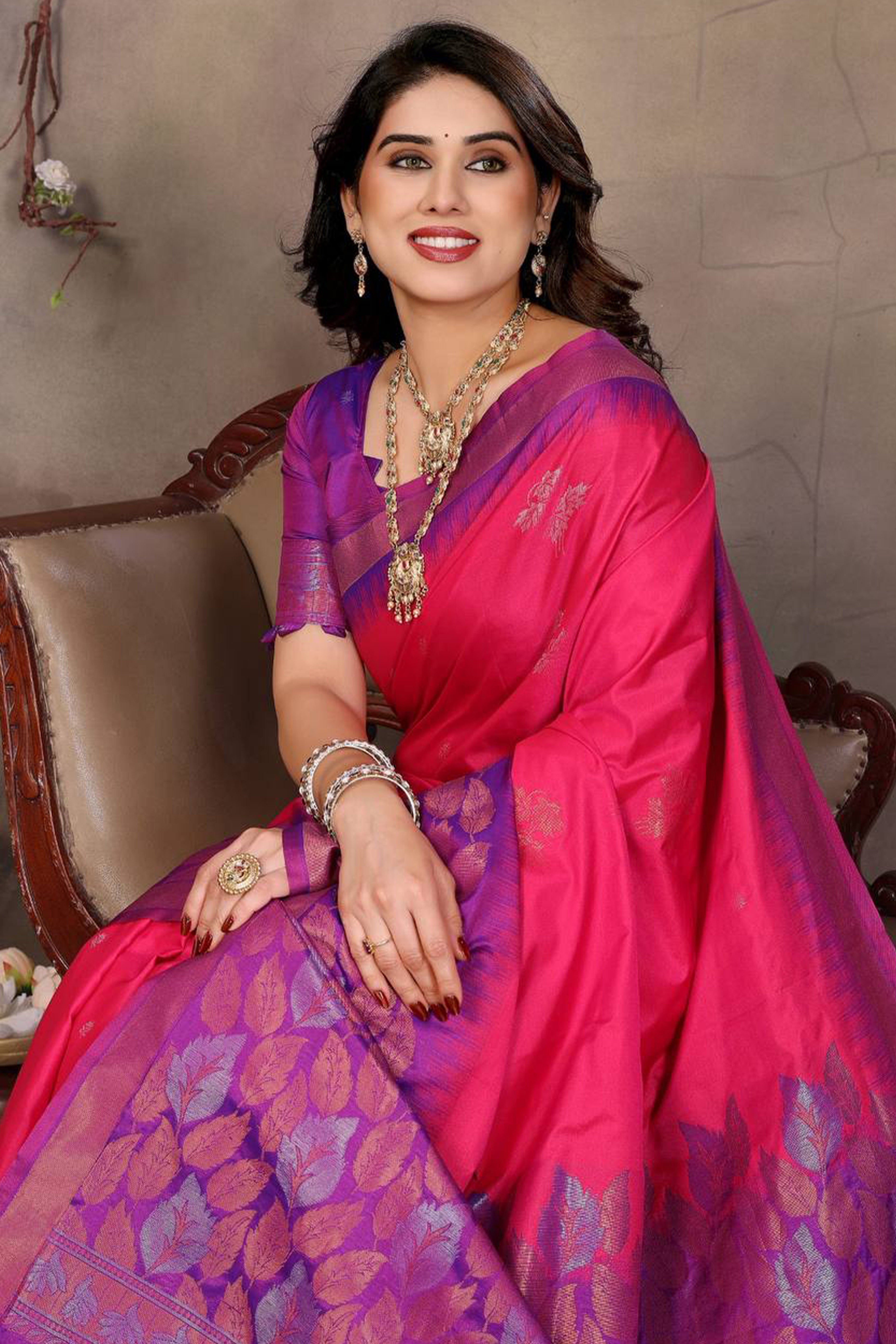 Rani Pink Leaf & Floral Motif Banarasi Silk Saree With Luxurious Zari Weaving Two Tone Weaving