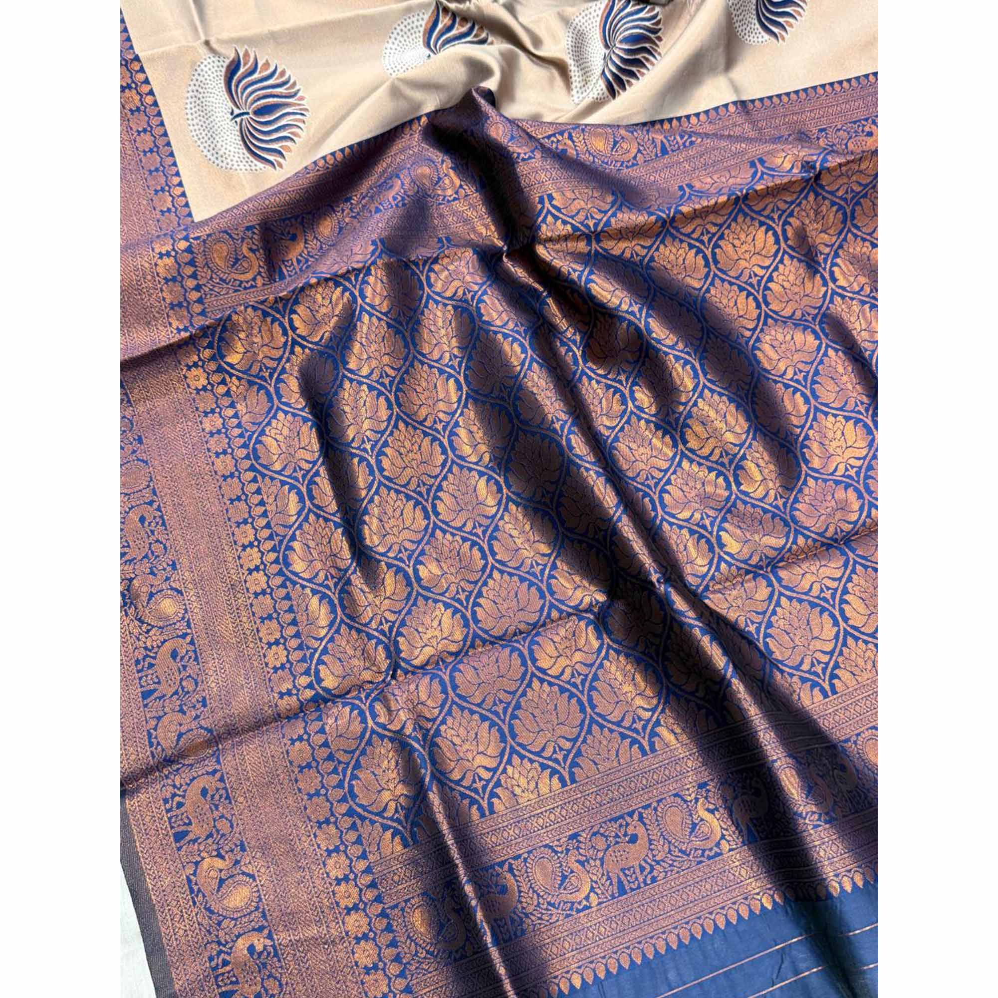 Navy Blue Floral Zari Weaving Banarasi Silk Saree Embellished With Intricate Unique Border & Pallu